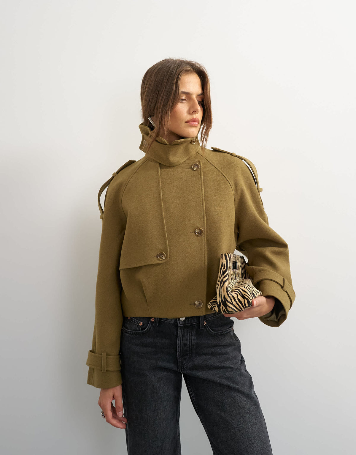 Topshop cropped wool blend trench in khaki