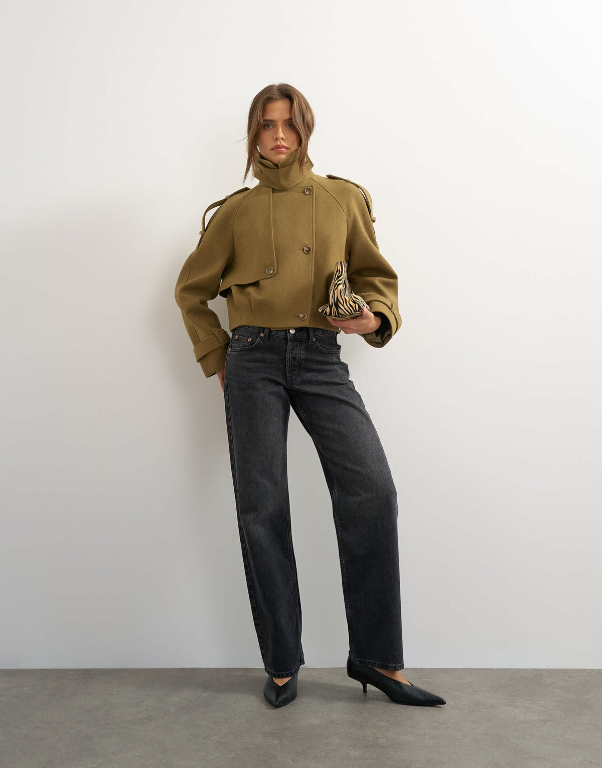 Topshop cropped wool blend trench in khaki