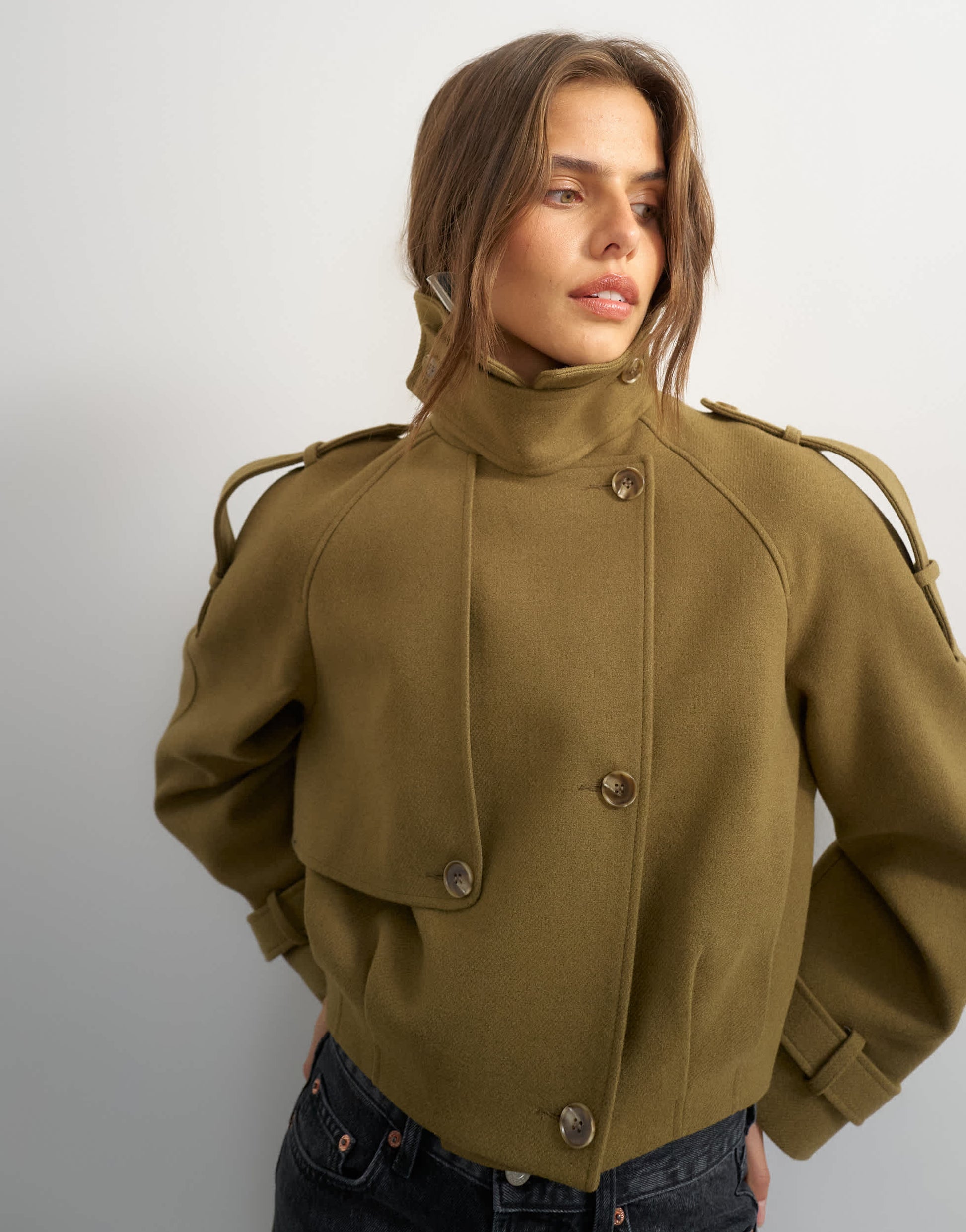 Topshop cropped wool blend trench in khaki