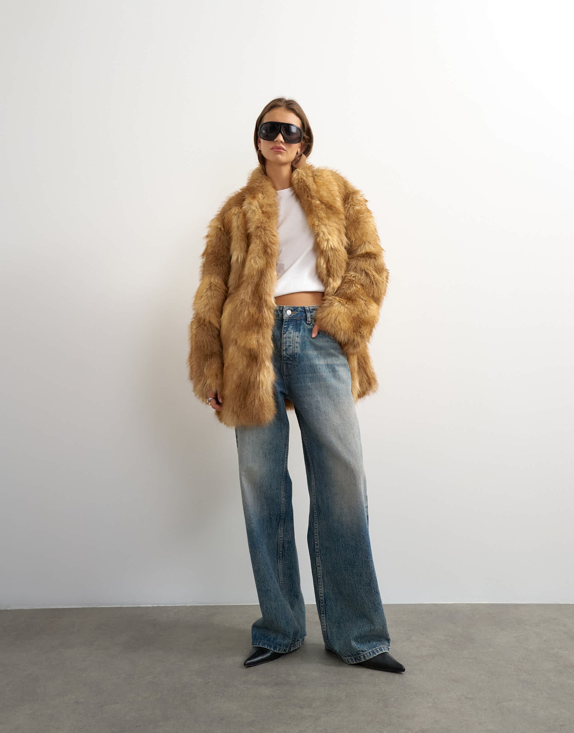 Topshop collarless mid length faux fur coat in multi