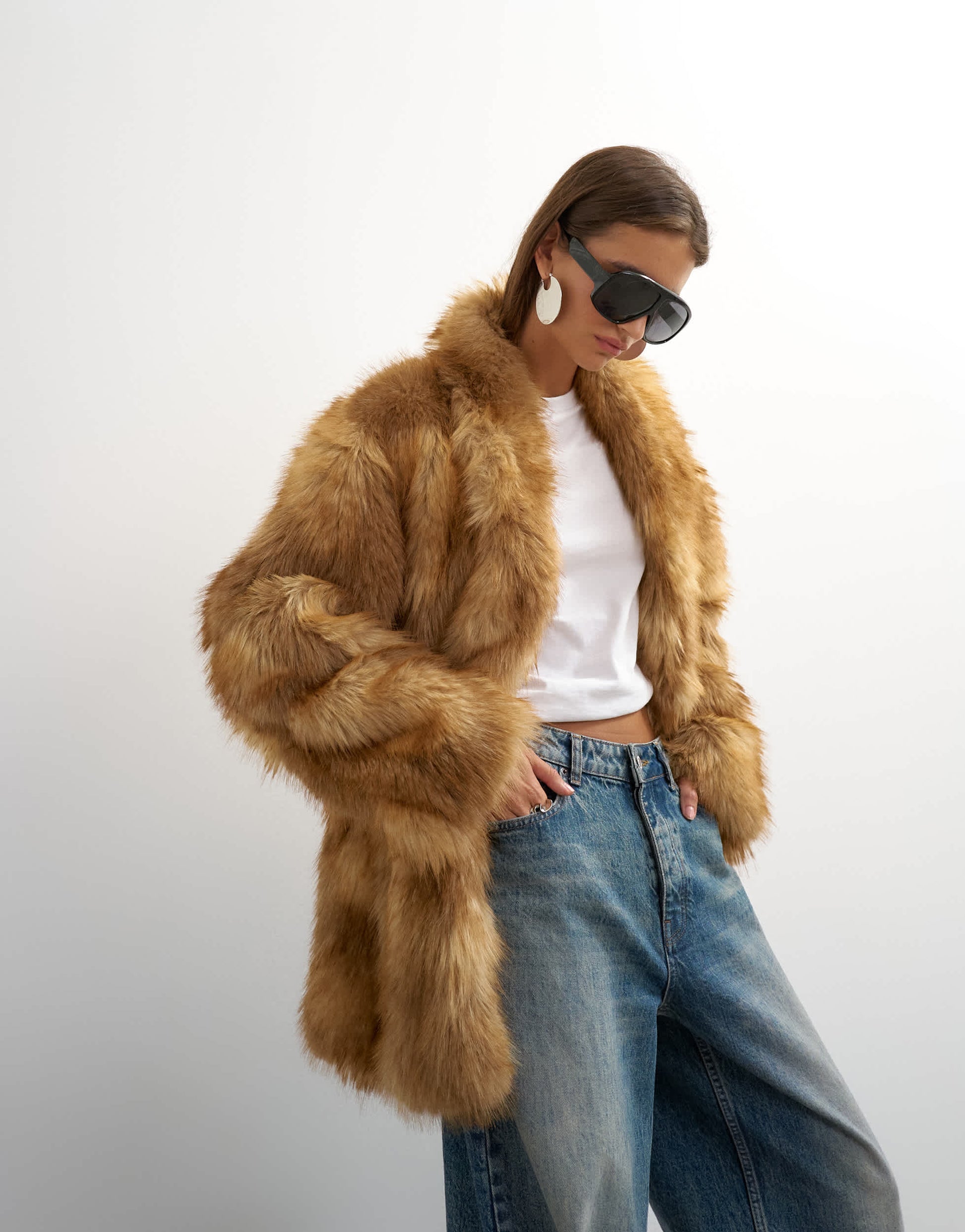 Topshop collarless mid length faux fur coat in multi