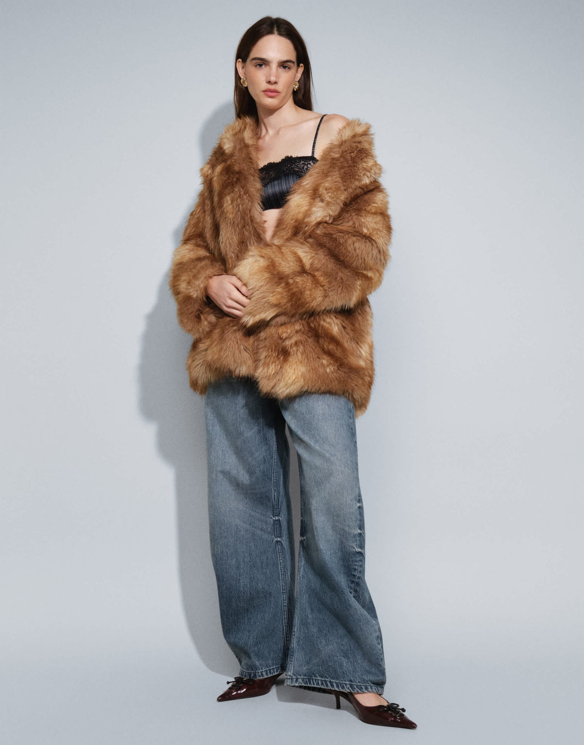 Topshop collarless mid length faux fur coat in multi