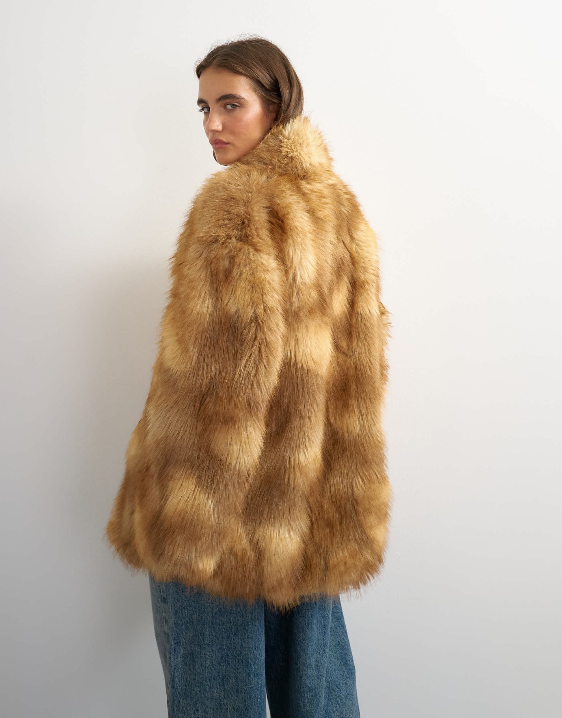Topshop collarless mid length faux fur coat in multi