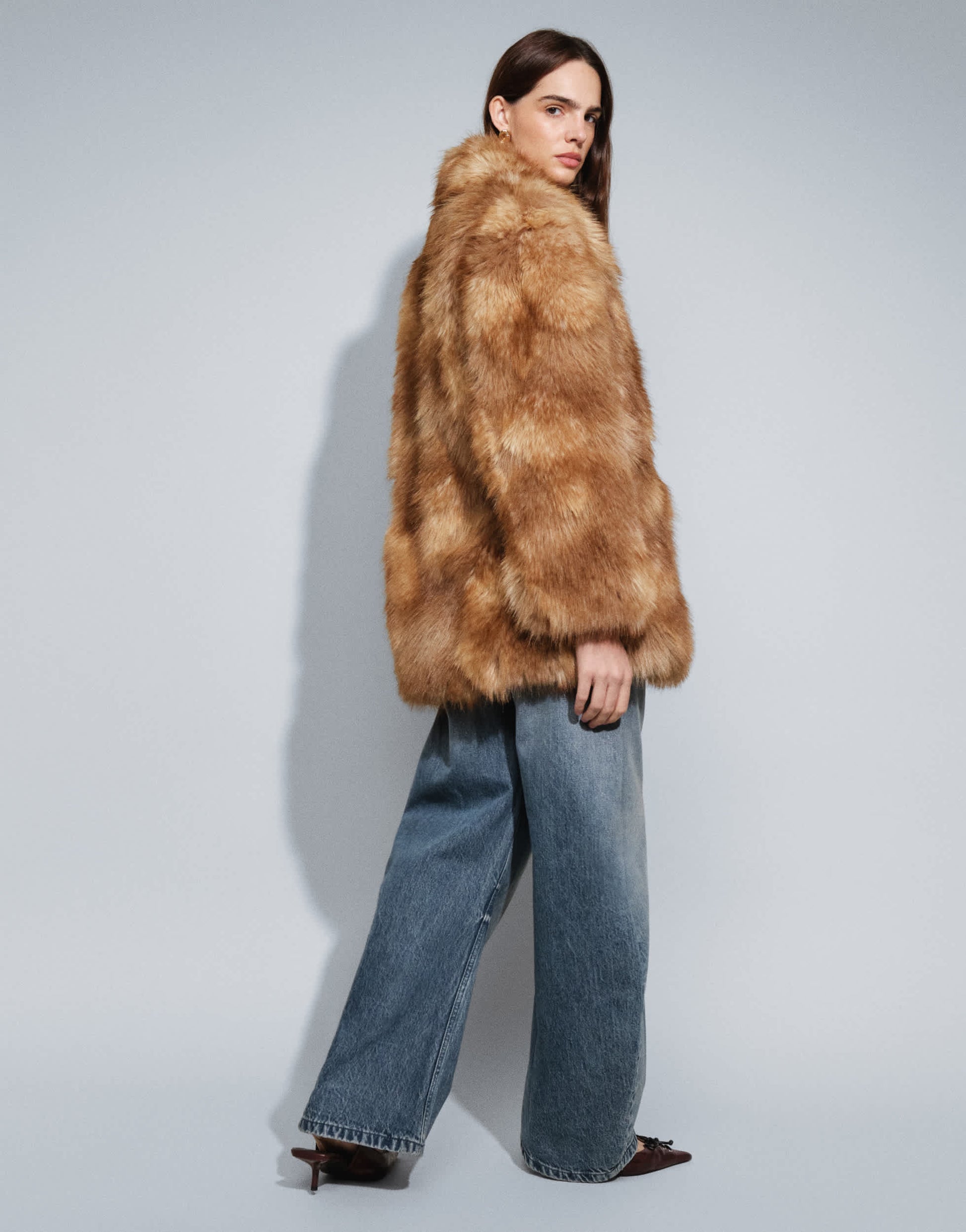 Topshop collarless mid length faux fur coat in multi