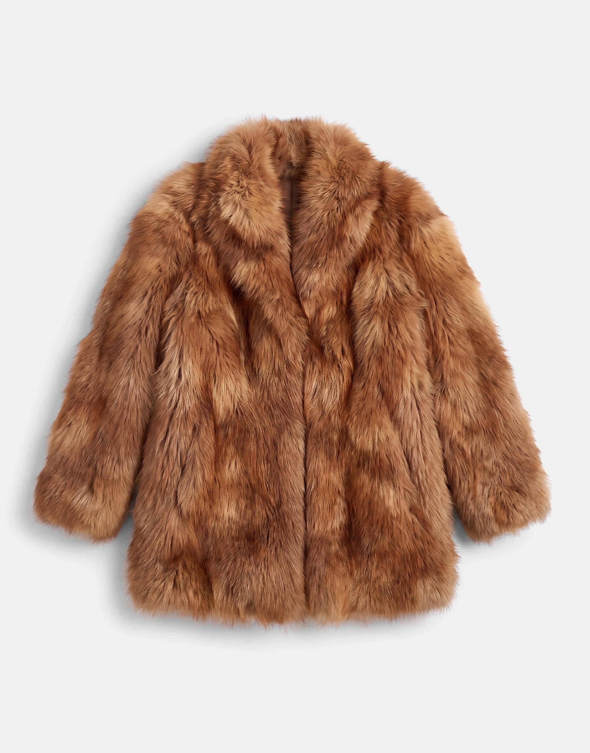 Topshop collarless mid length faux fur coat in multi