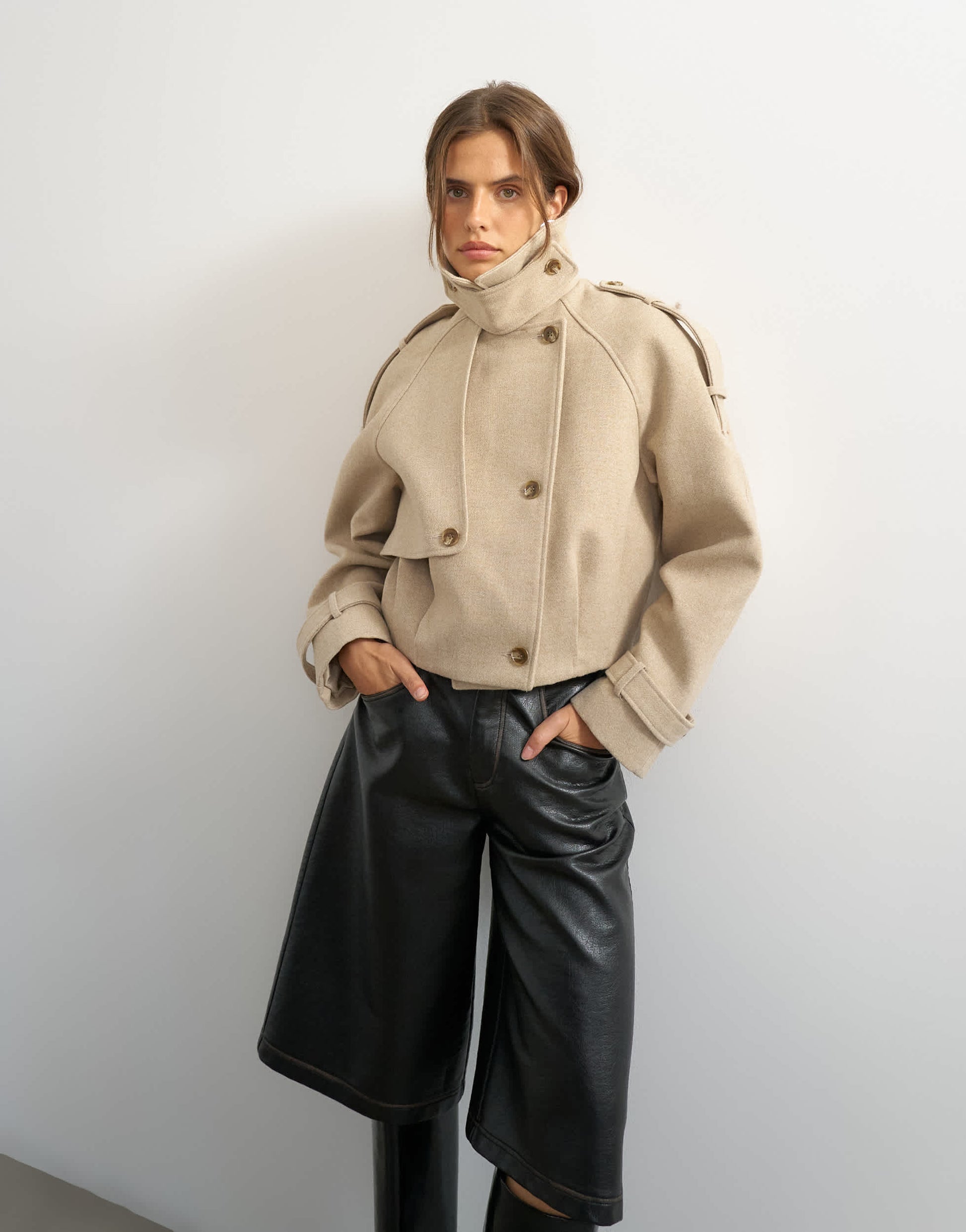 Topshop cropped wool blend trenchÂ in stone