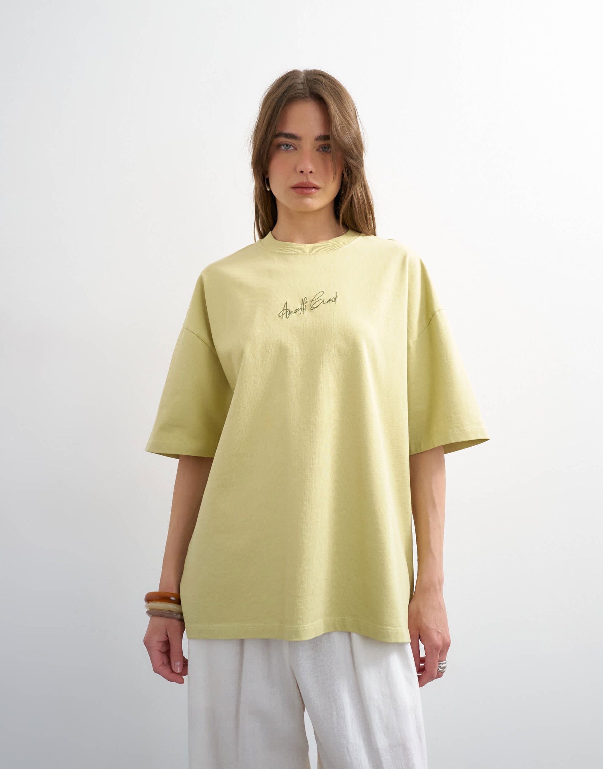 Topshop 'Amalfi' embroidered graphic oversized tee in lime green