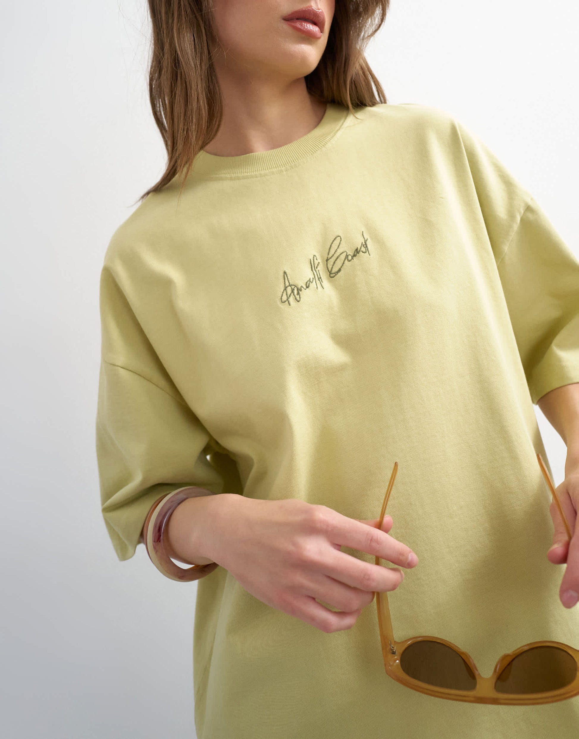 Topshop 'Amalfi' embroidered graphic oversized tee in lime green