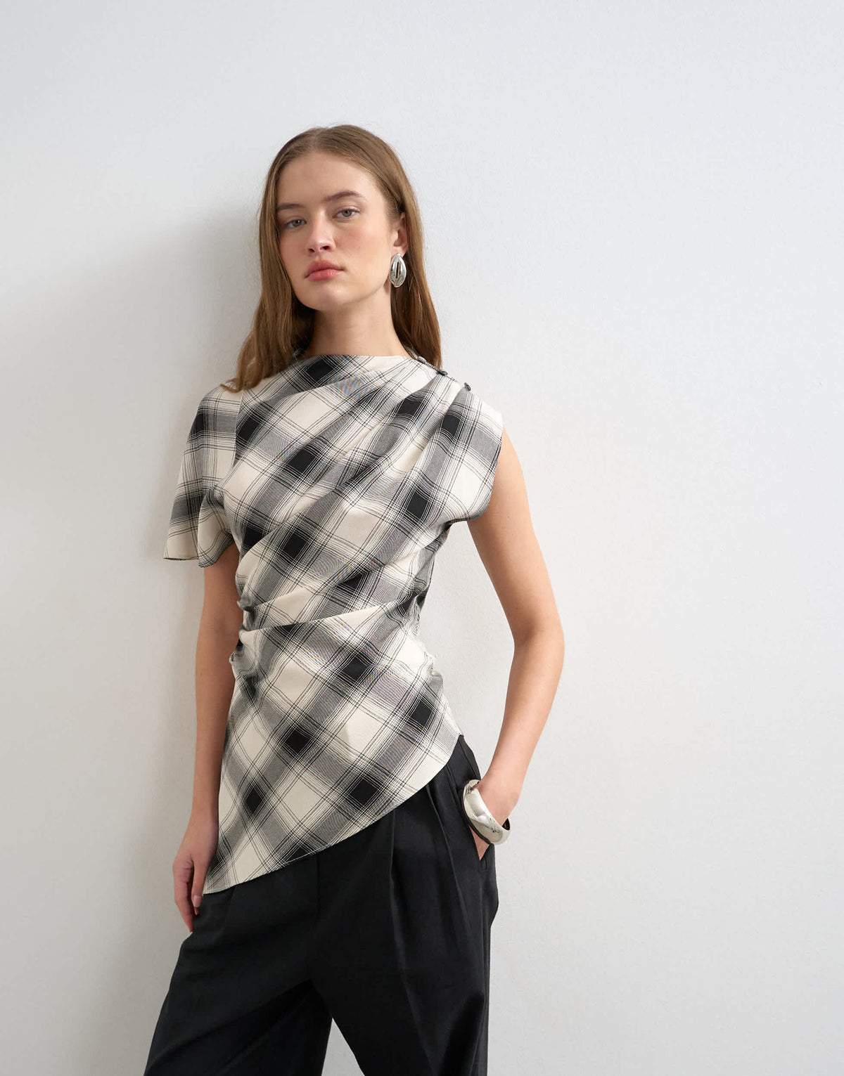 Topshop one sleeve slash neck top in check print
