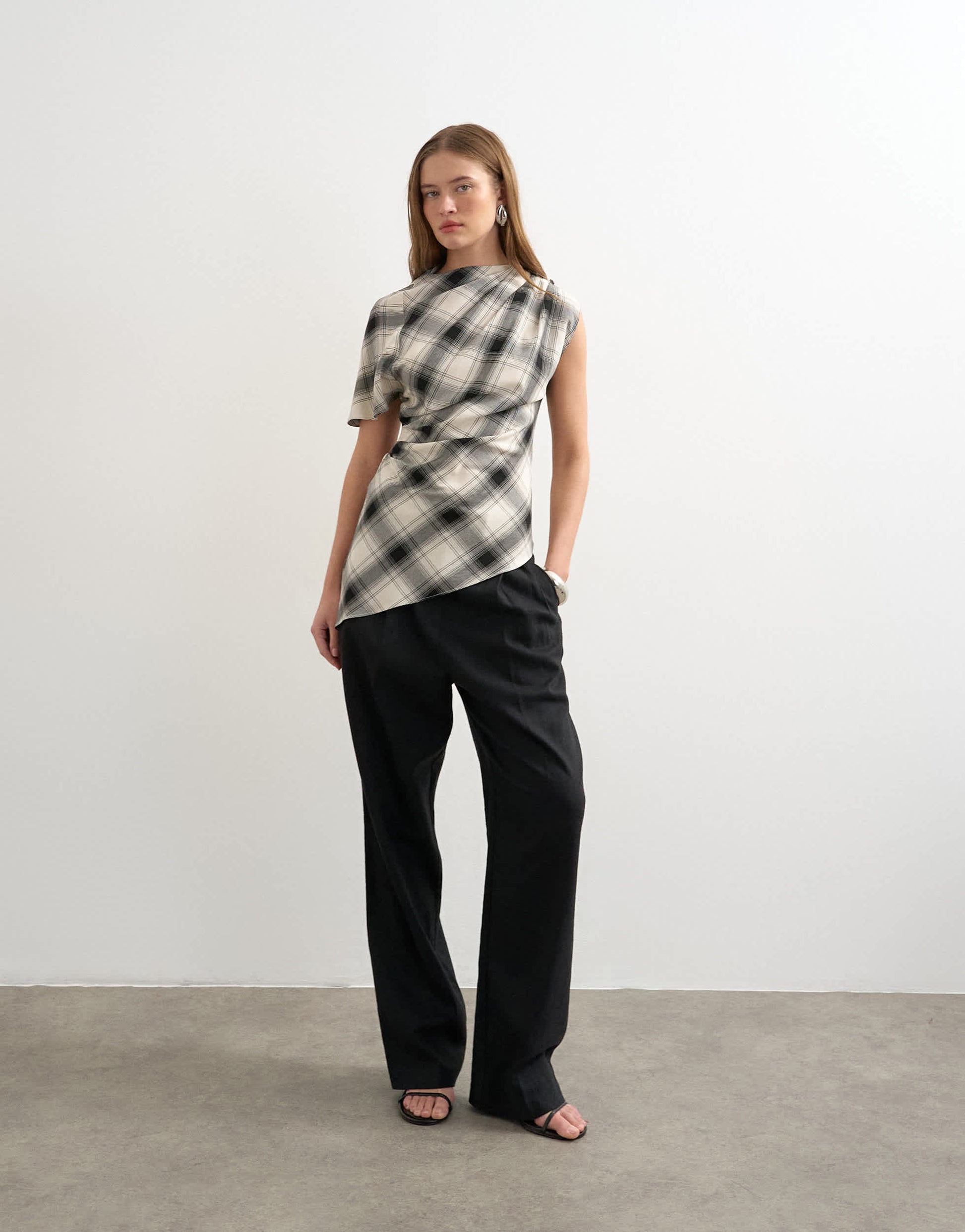 Topshop one sleeve slash neck top in check print