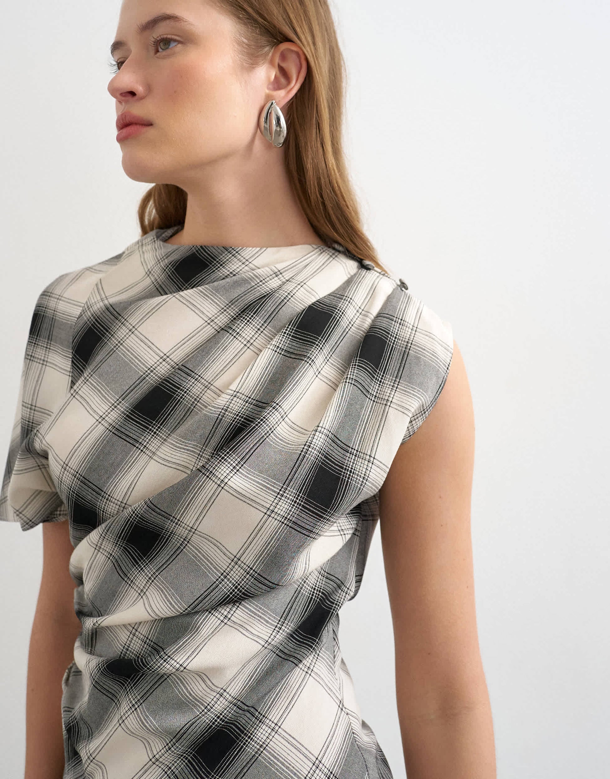Topshop one sleeve slash neck top in check print