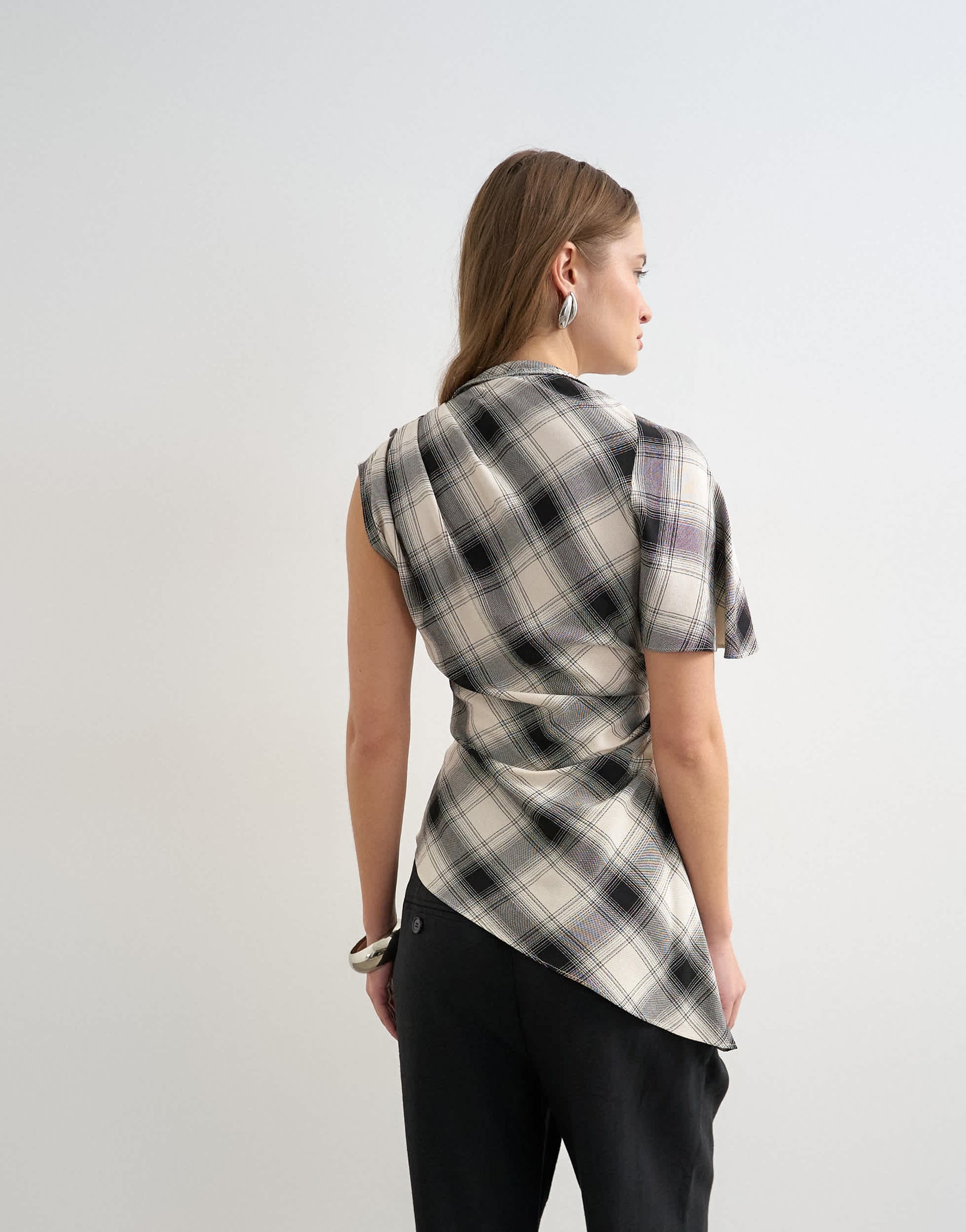 Topshop one sleeve slash neck top in check print