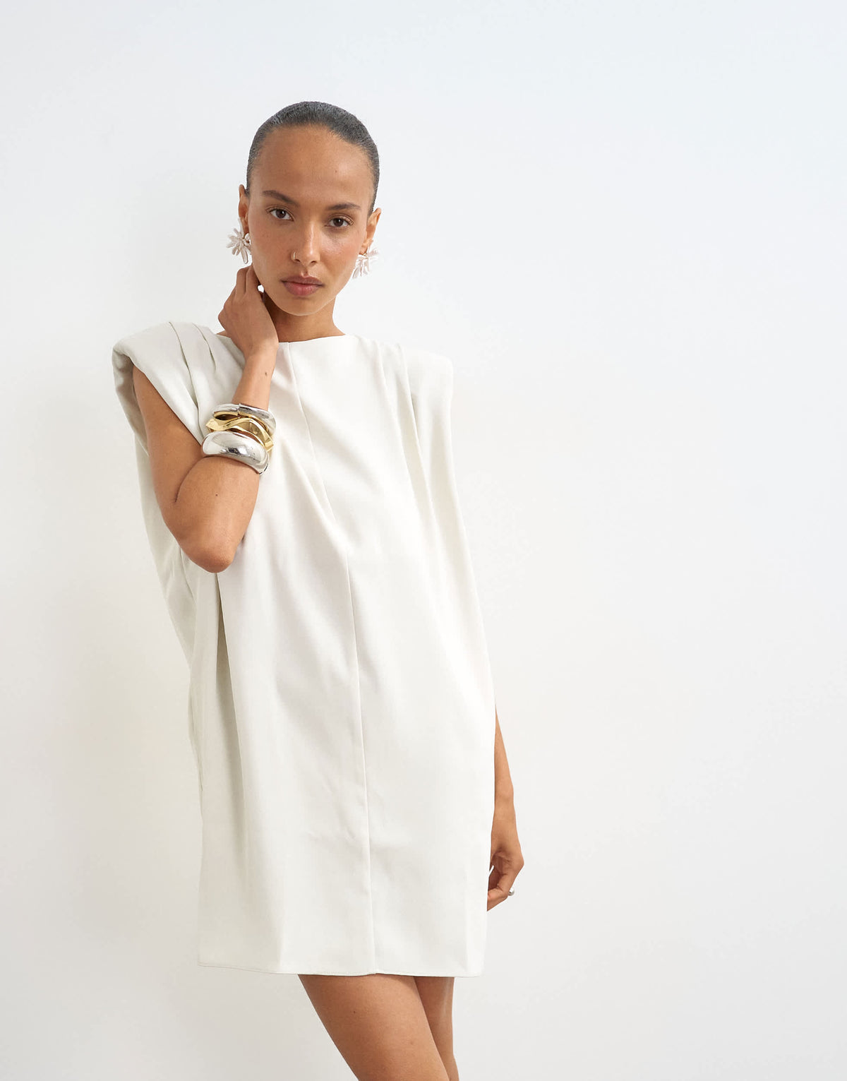Topshop clean structured shoulder pad mini dress in off white