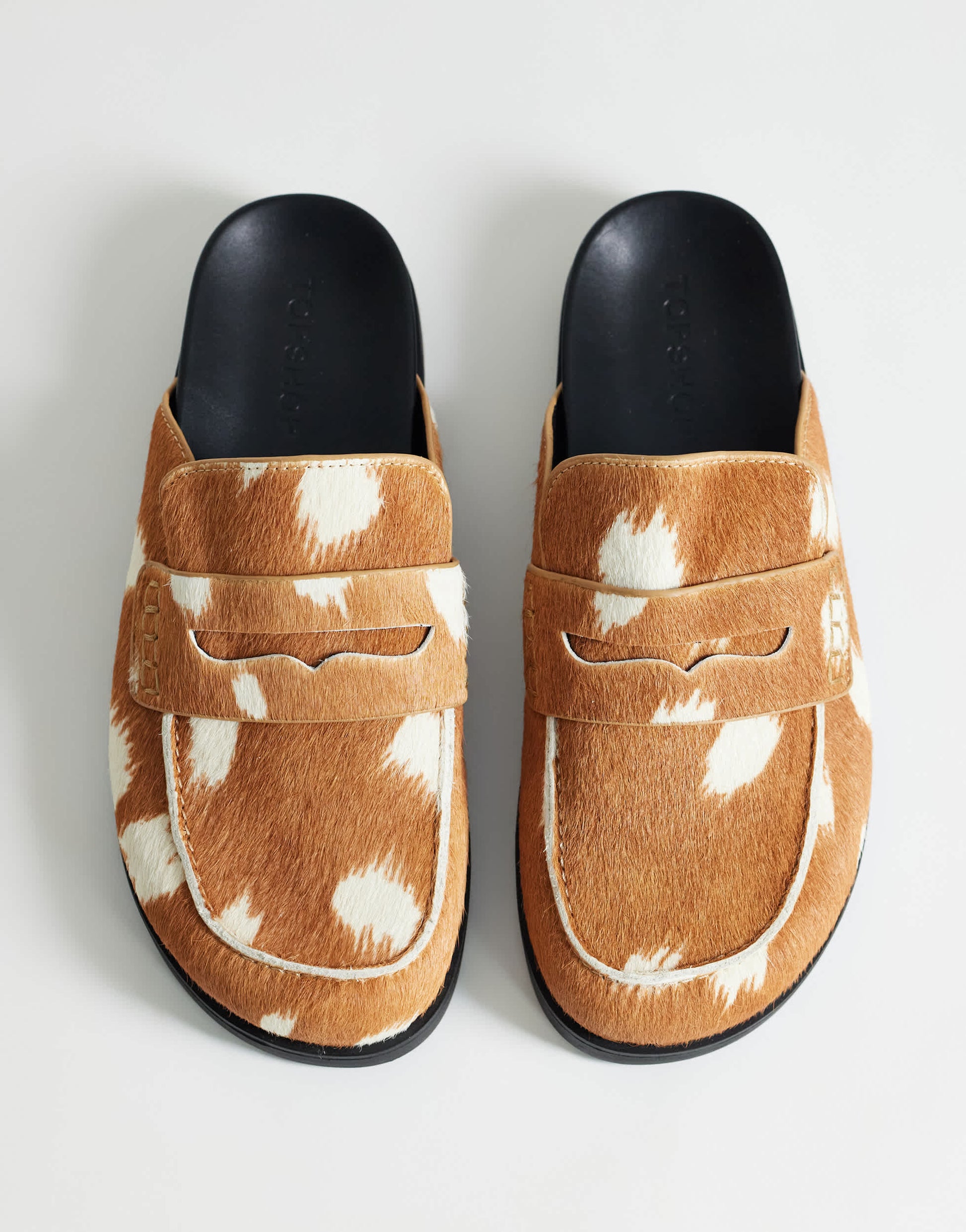 Topshop Addie hair on real leather mule loafer in large deer print
