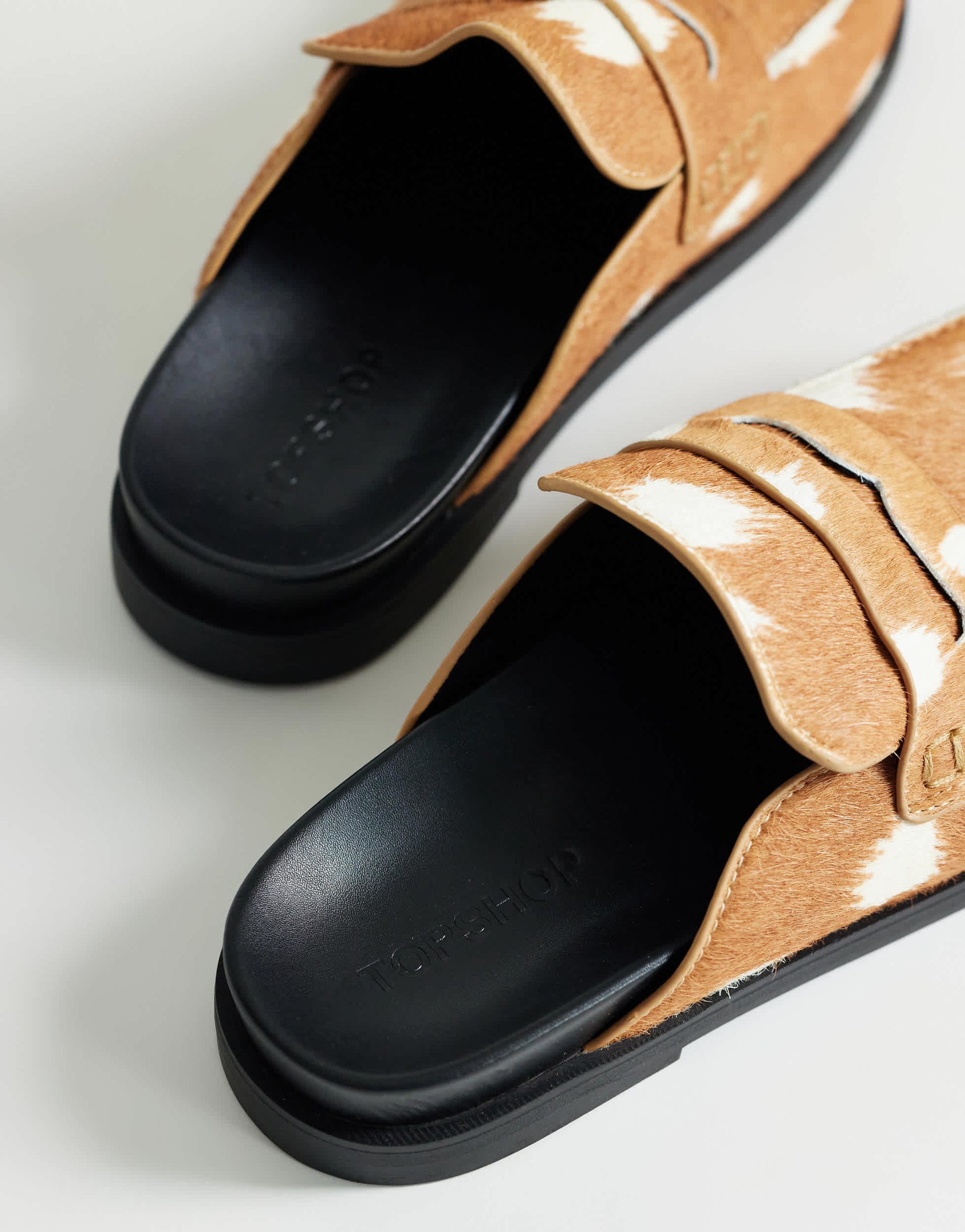 Topshop Addie hair on real leather mule loafer in large deer print