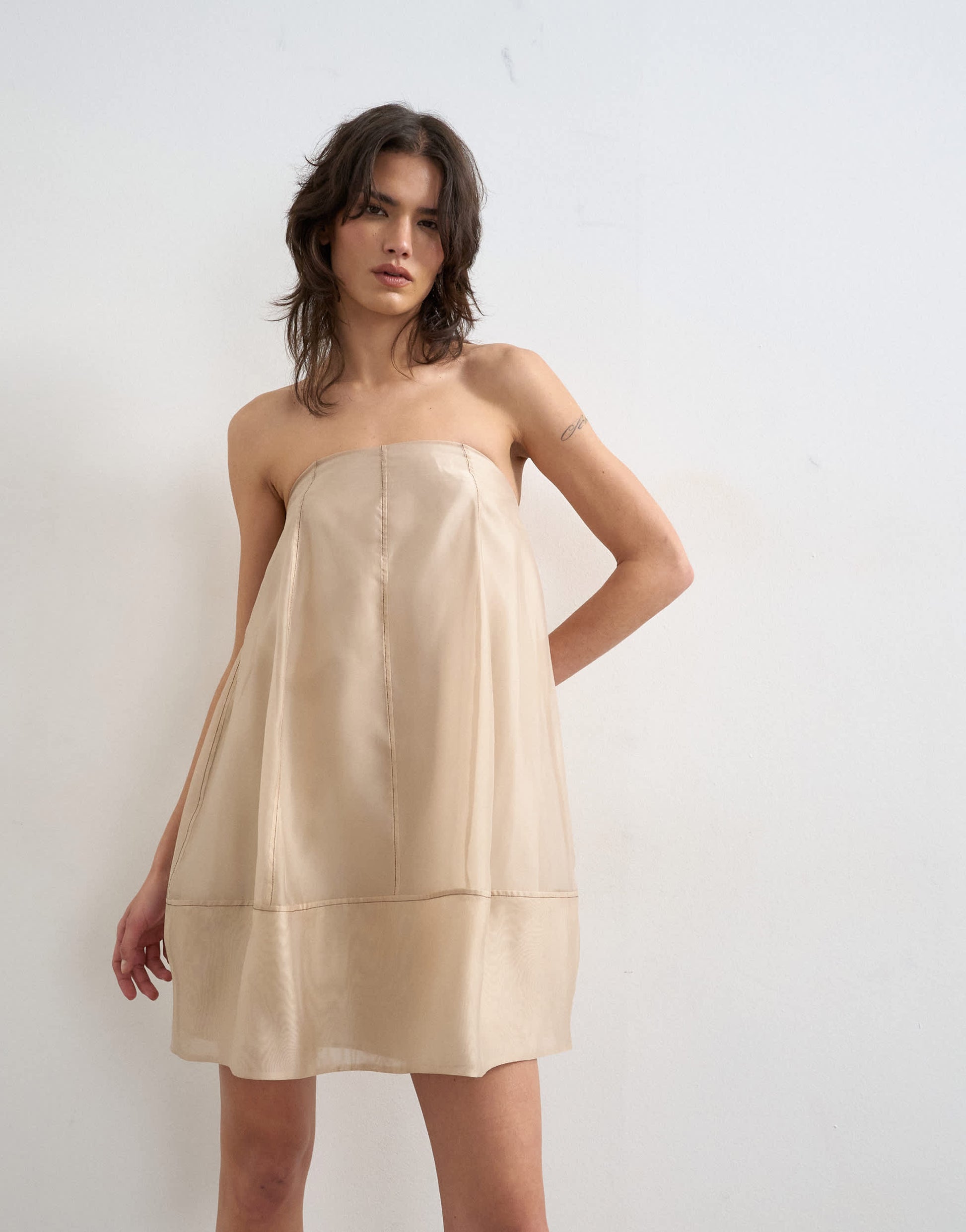 Topshop organza heavy seamed mini dress in stone