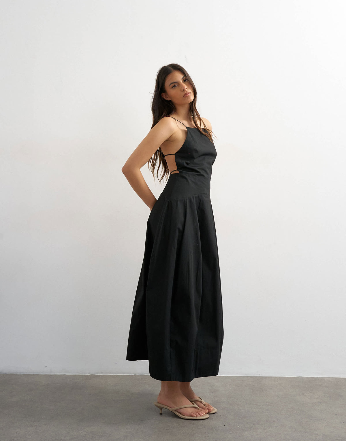 Topshop poplin square neck open back barrel midi sundress in black
