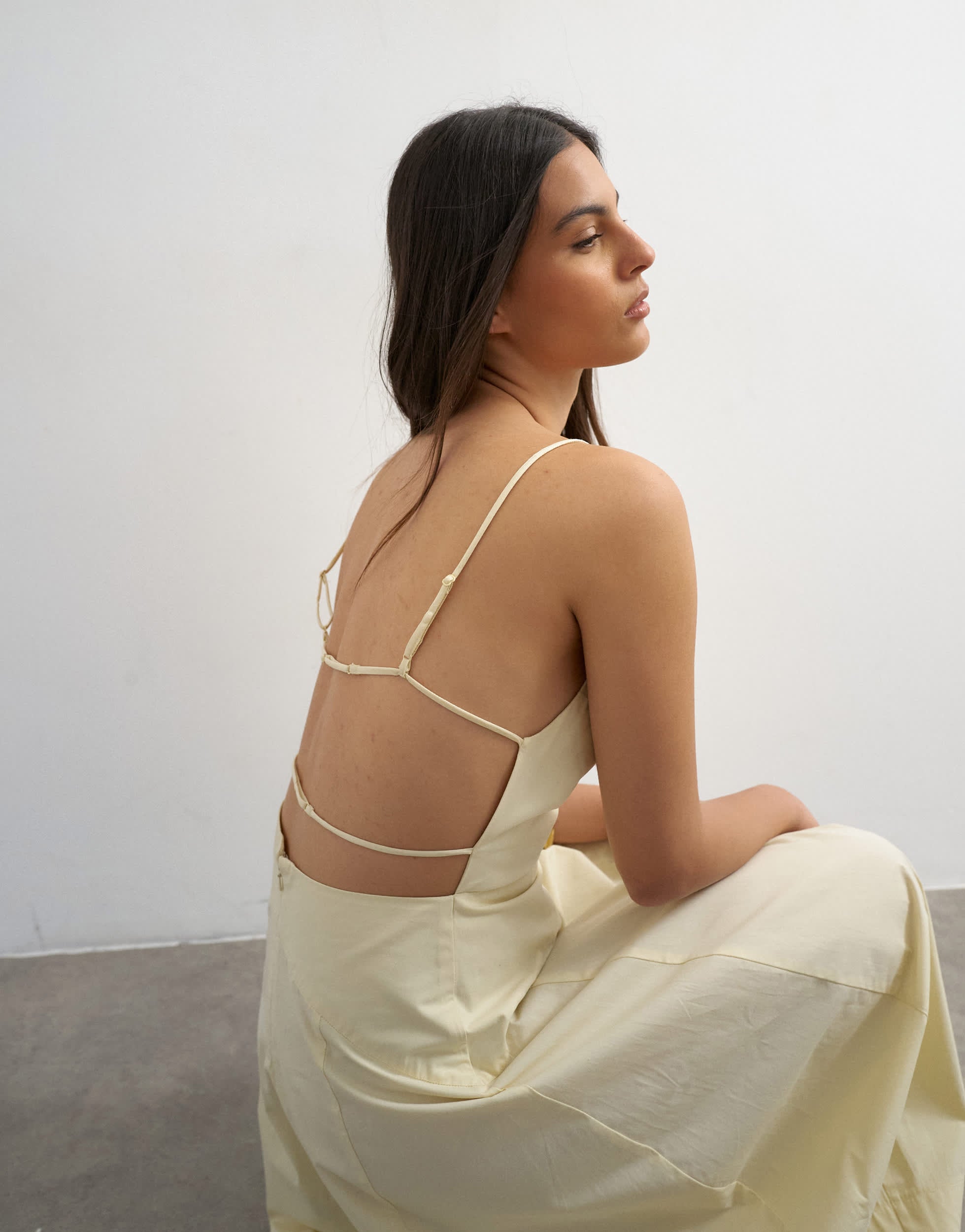 Topshop poplin square neck open back barrel midi dress in buttermilk