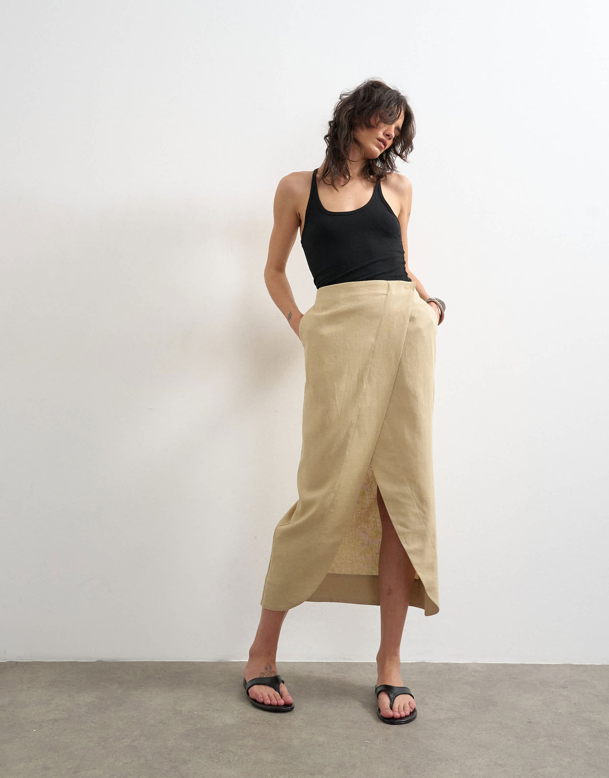 Topshop linen wrap maxi skirt in taupe