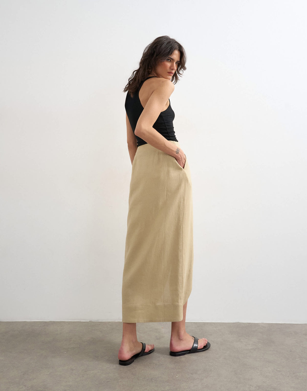 Topshop linen wrap maxi skirt in taupe