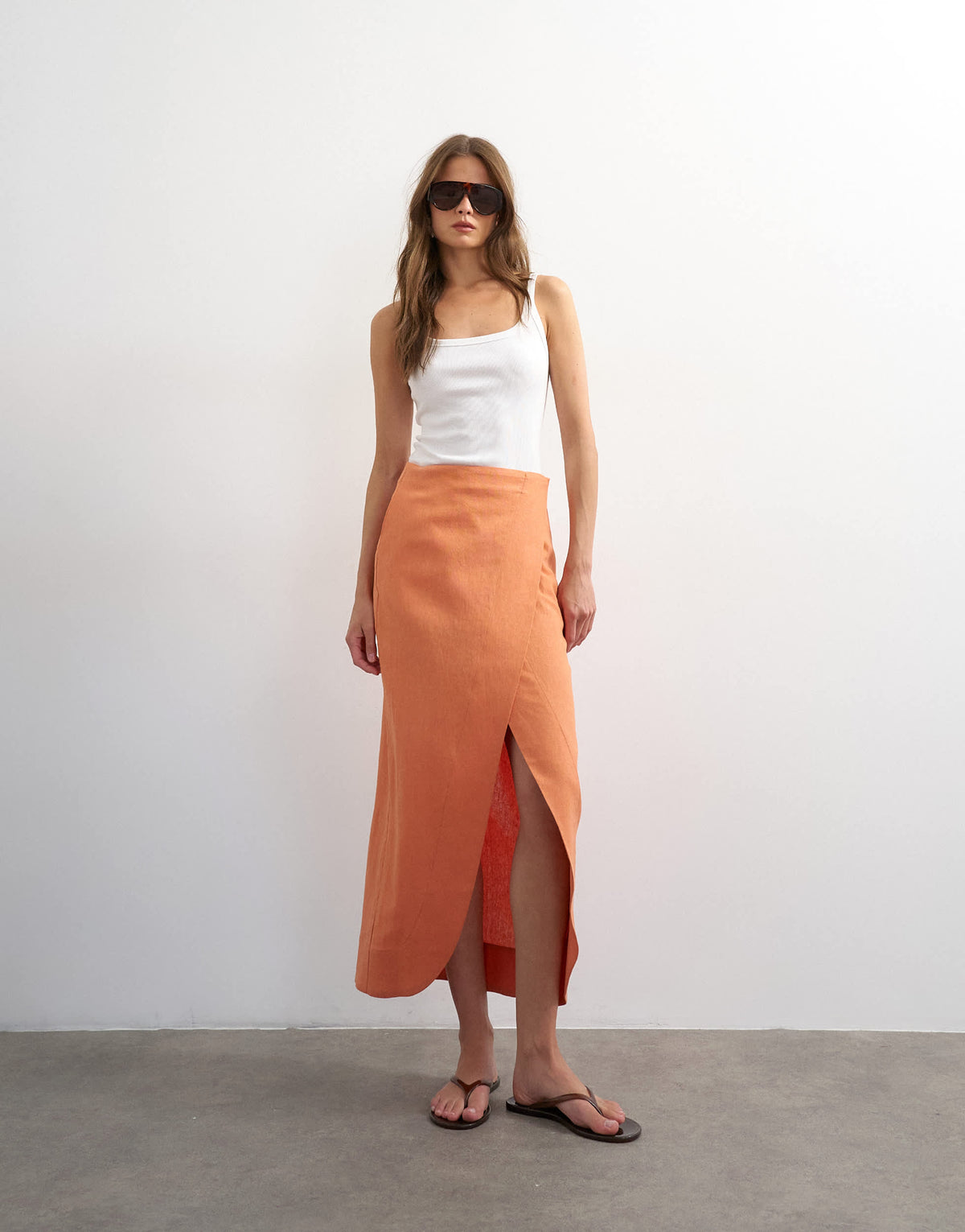 Topshop linen wrap maxi skirt in dusted clay