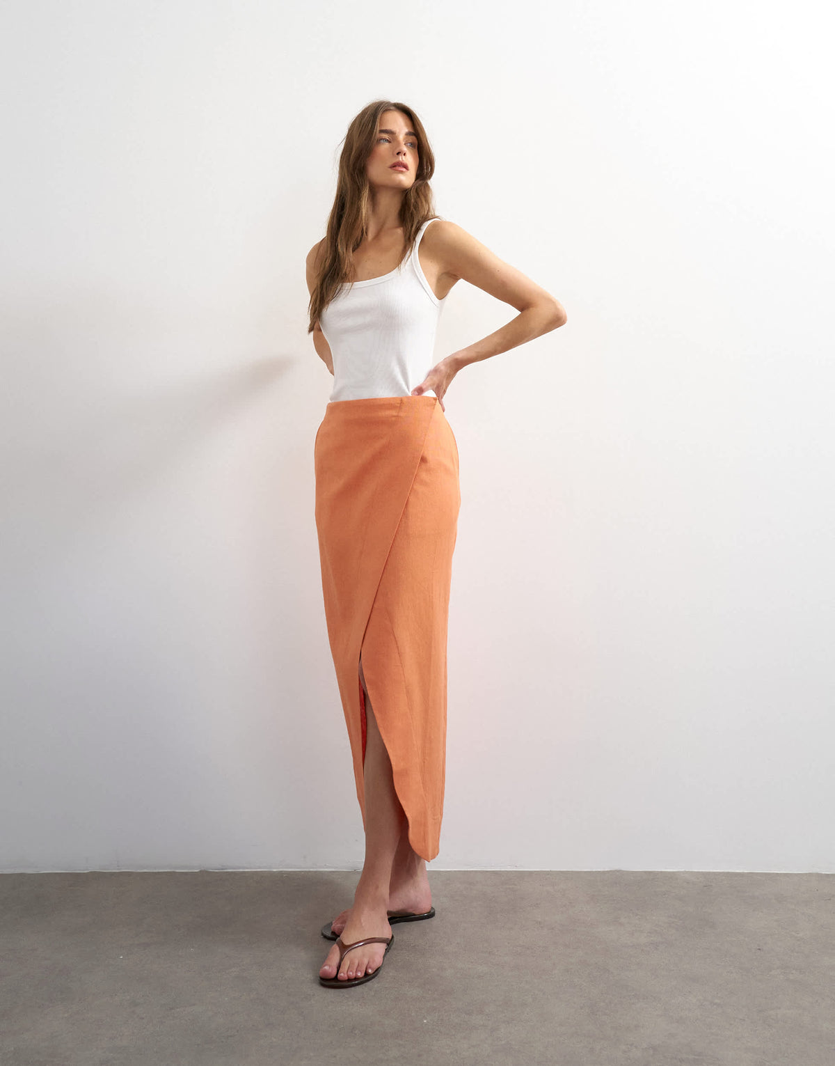 Topshop linen wrap maxi skirt in dusted clay