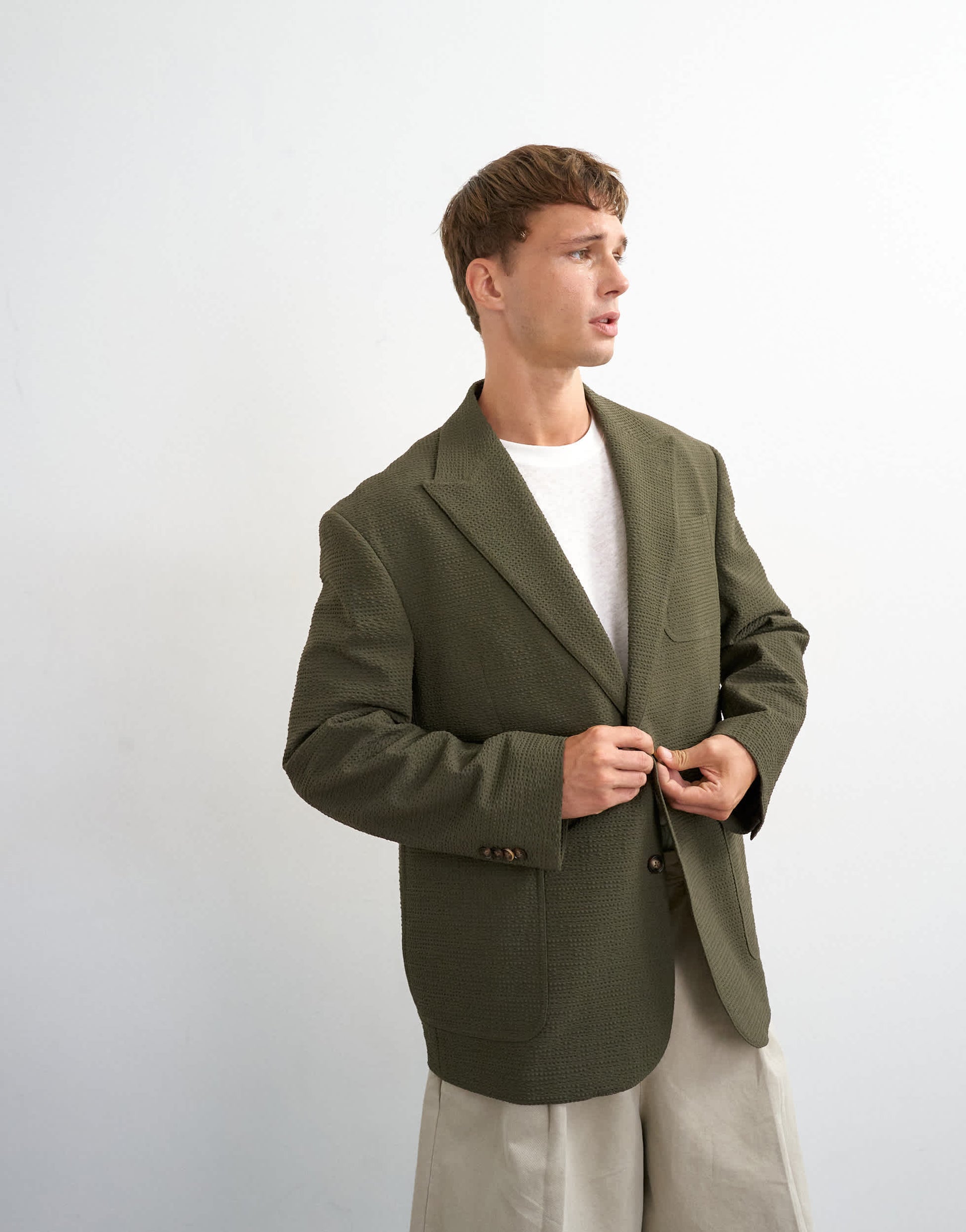 Topman oversized fit deconstructed seersucker blazer in khaki