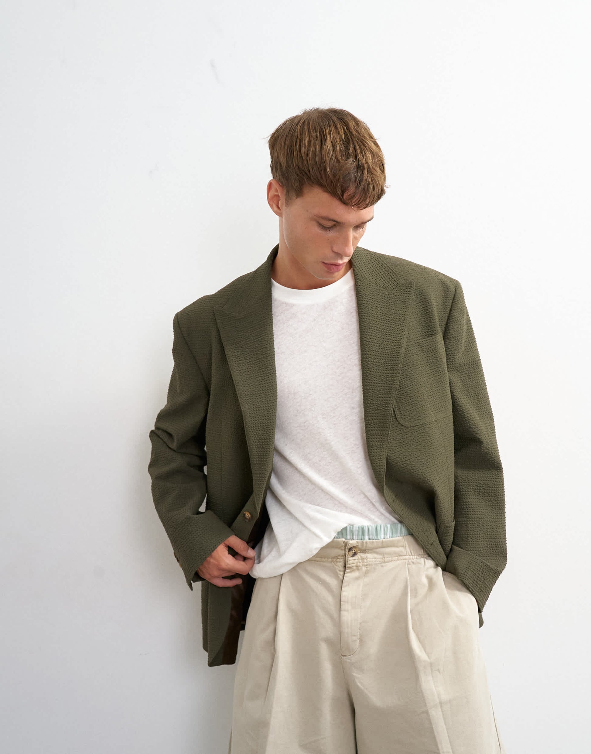 Topman oversized fit deconstructed seersucker blazer in khaki
