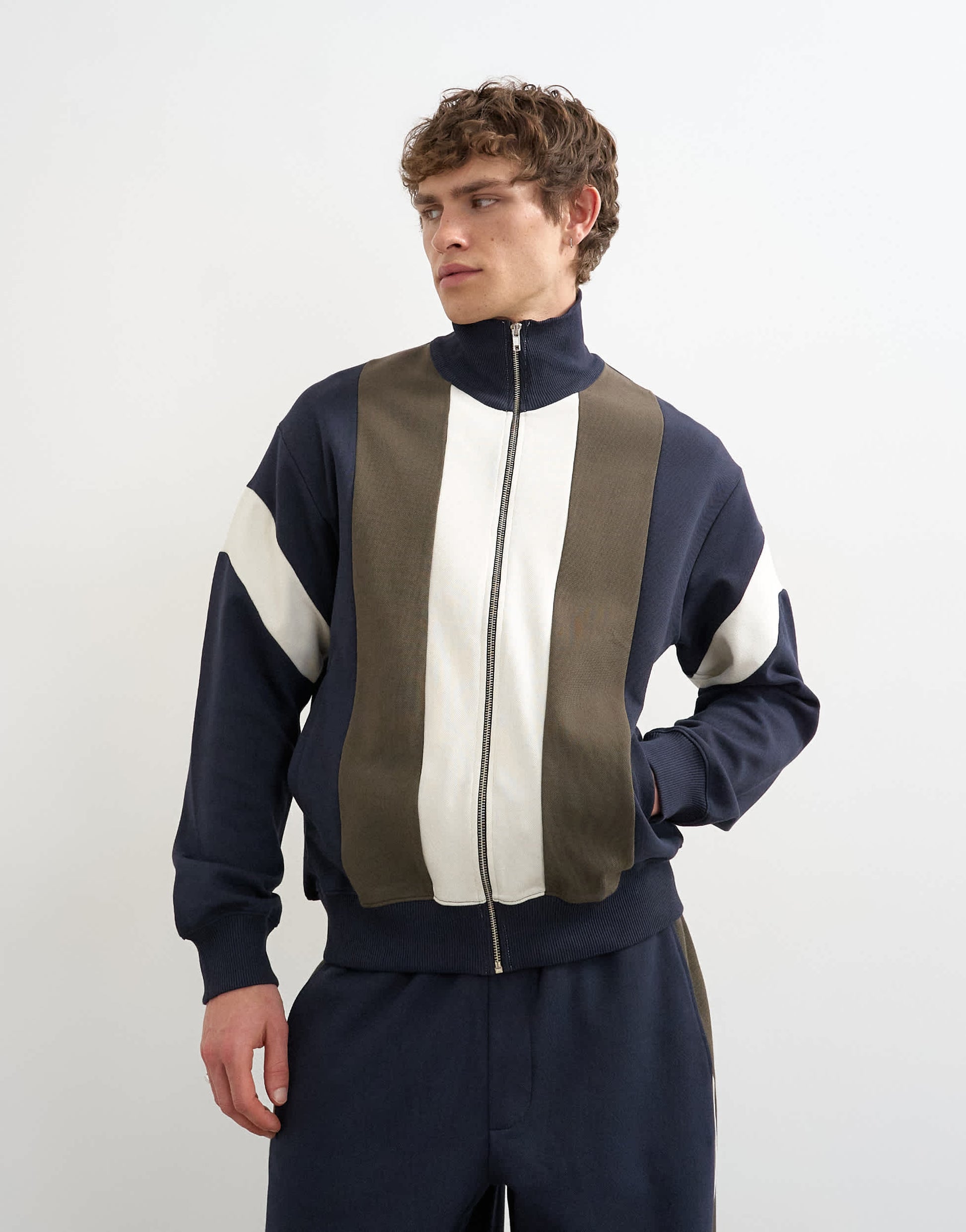 Topman classic fit paneled pique track top in navy