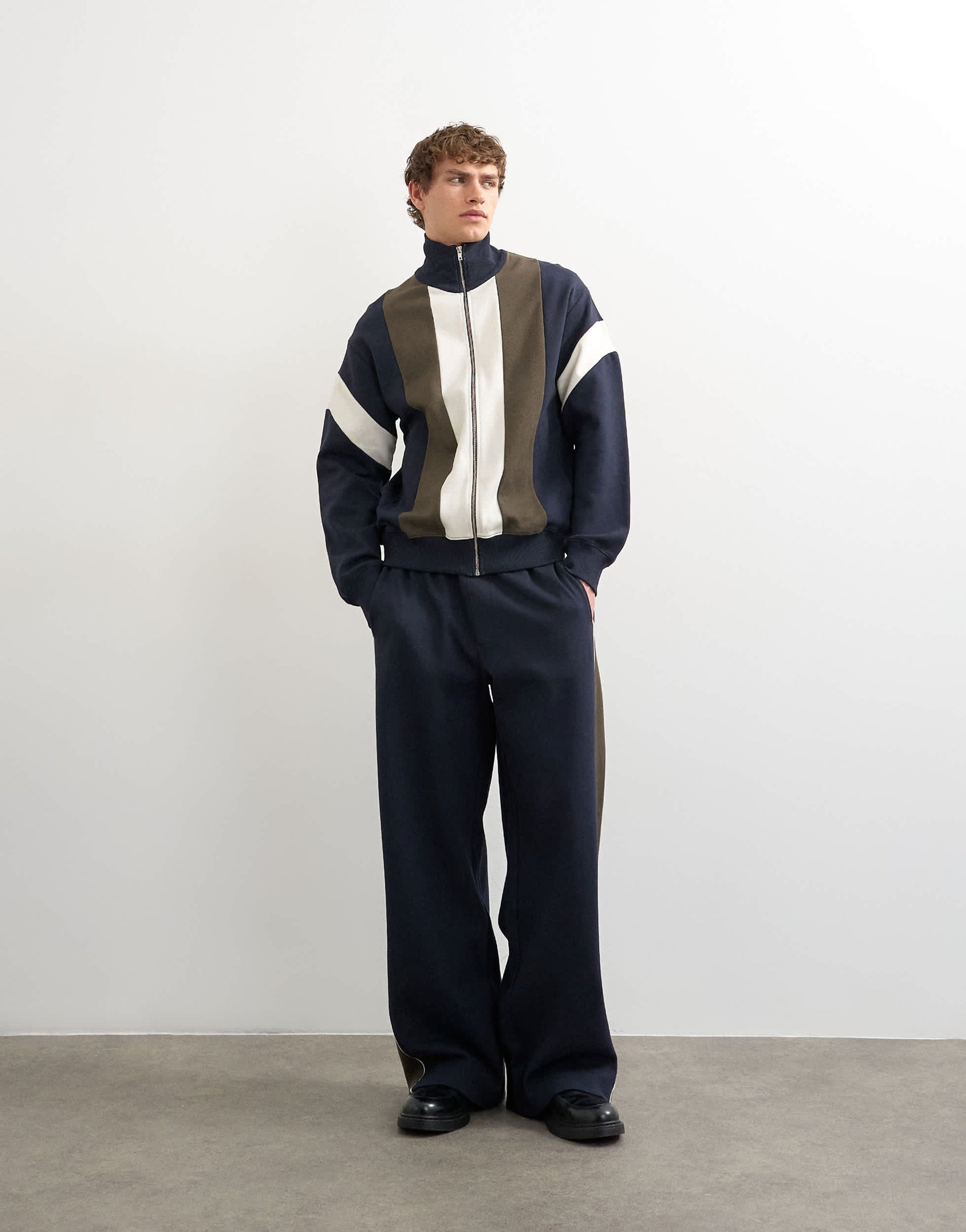 Topman classic fit paneled pique track top in navy