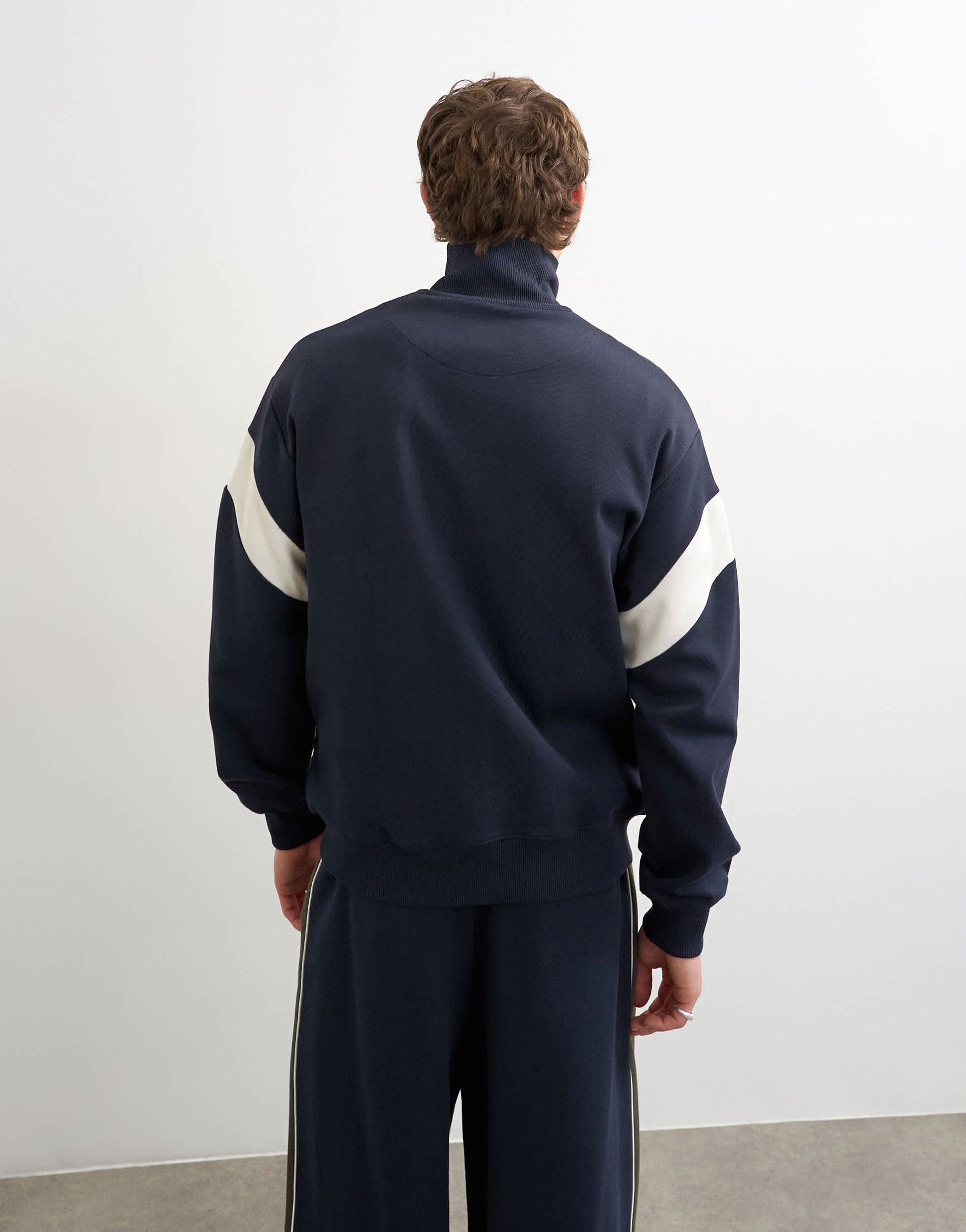 Topman classic fit paneled pique track top in navy