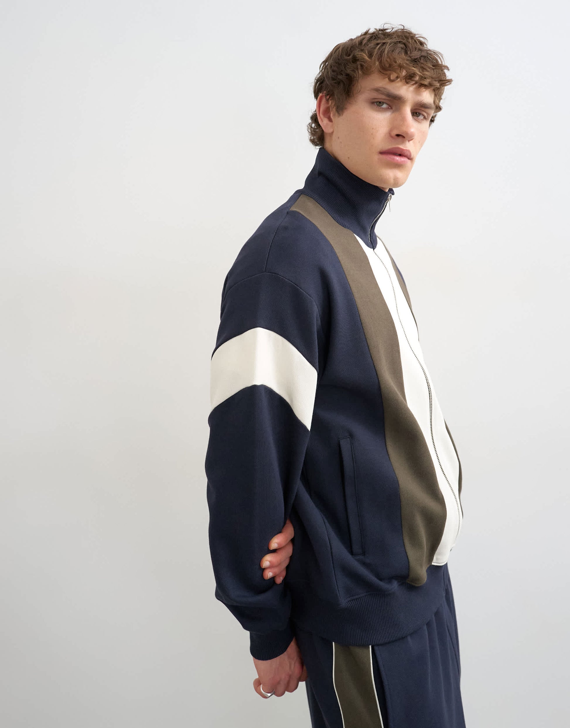 Topman classic fit paneled pique track top in navy