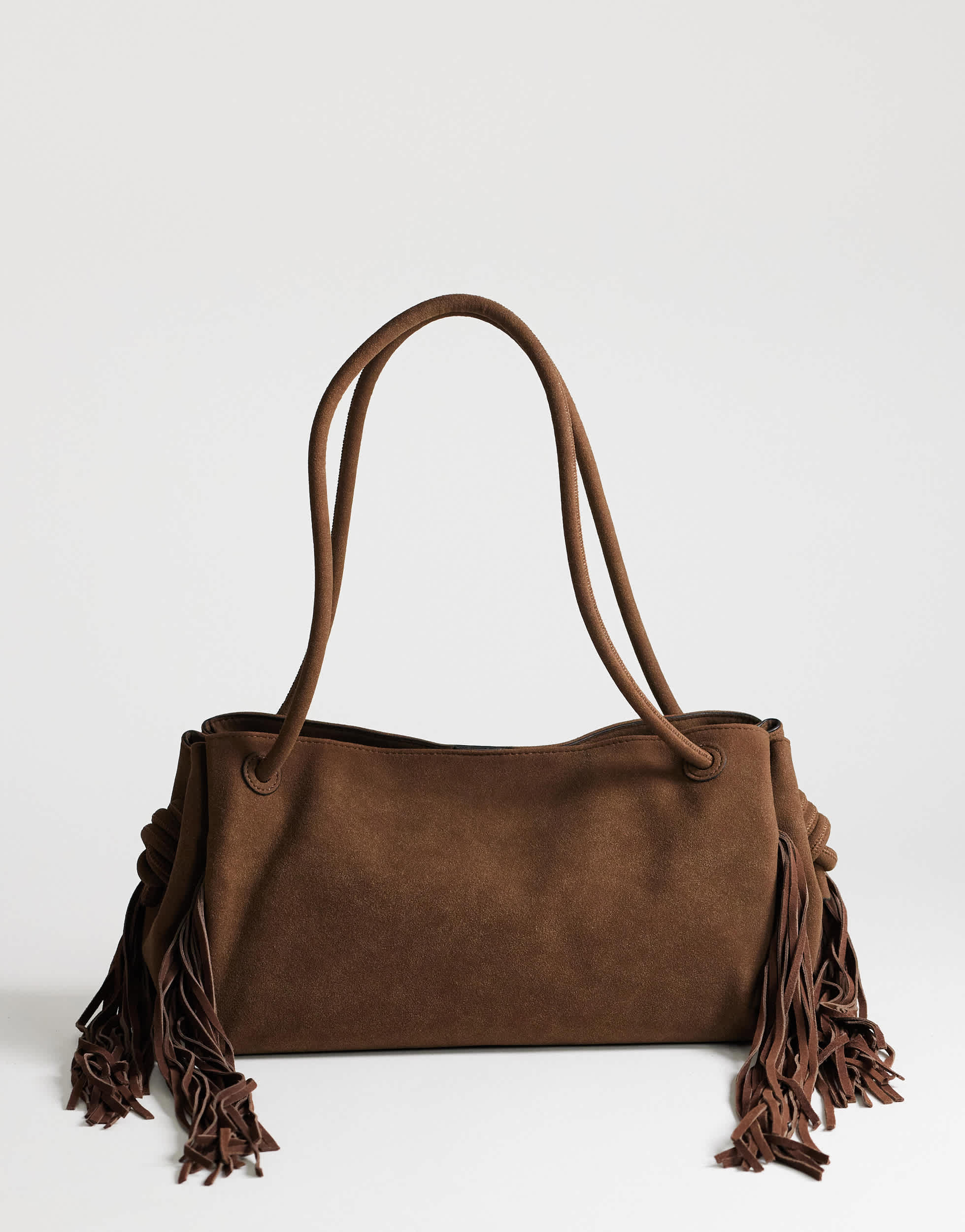 Sac à bandoulière large Topshop Maisie avec pompons en cuir véritable couleur chocolat