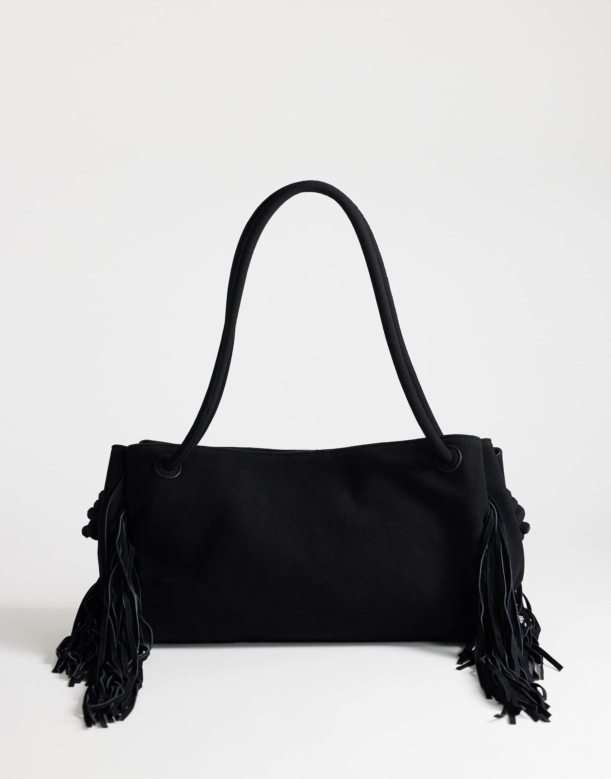 Topshop Maisie large shoulder bag with real leather tassels in black