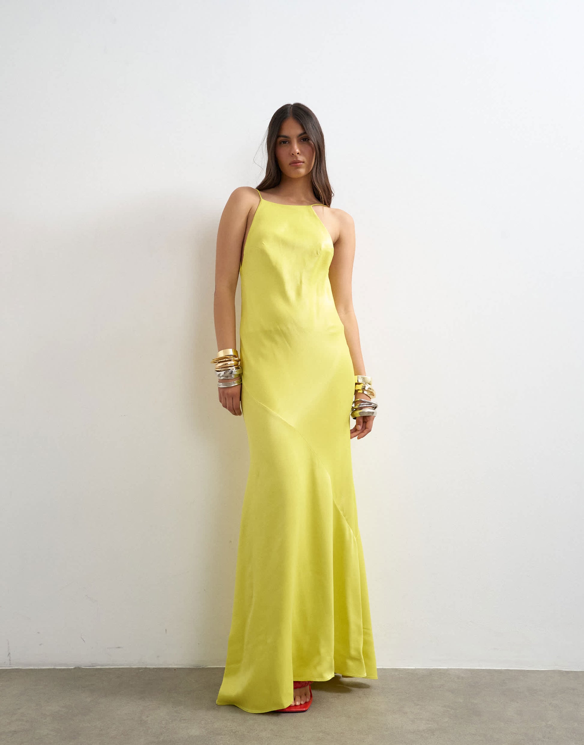 Topshop satin bias halter neck open scoop back maxi dress in lime