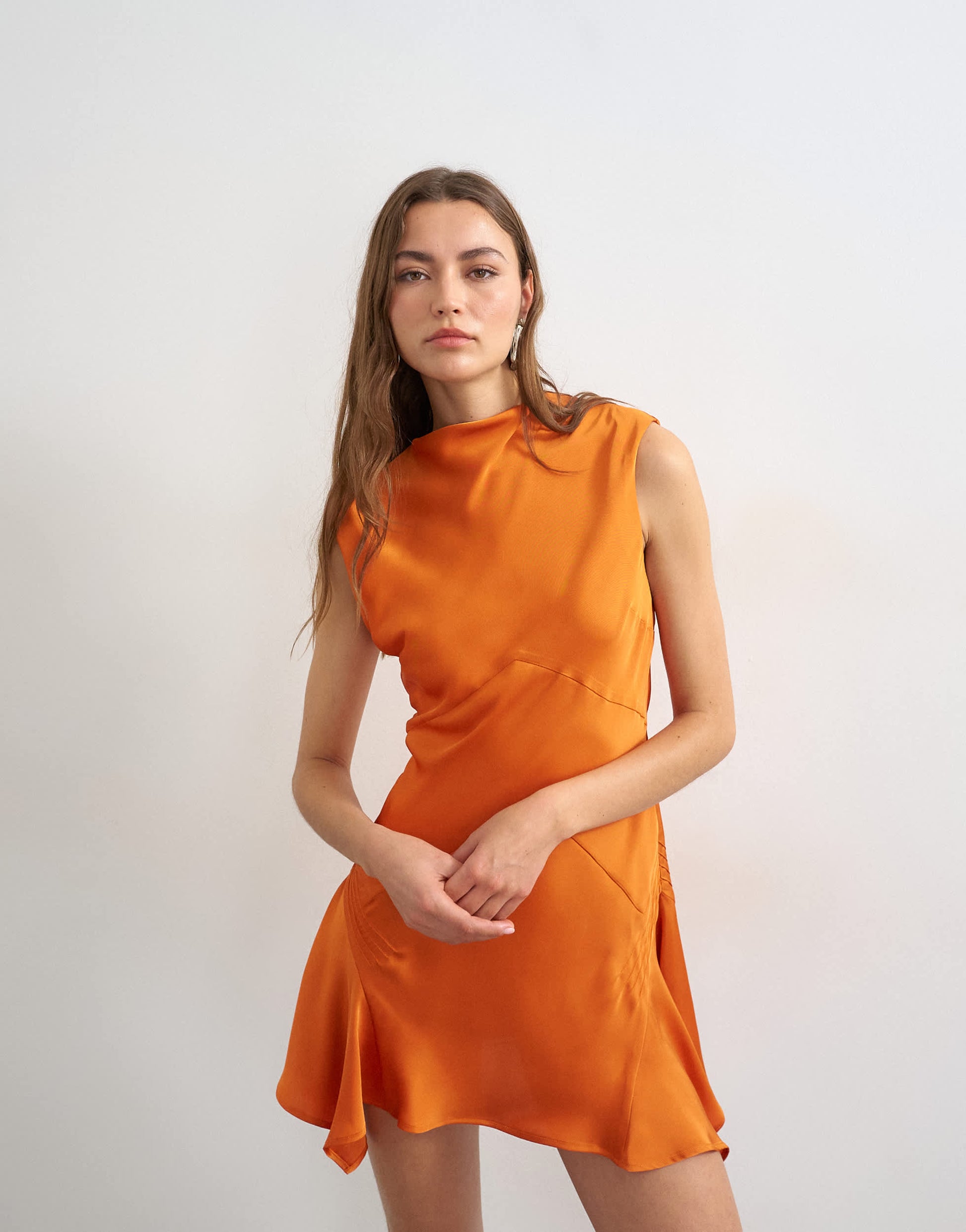 Topshop flippy hem mini dress with pintucks in orange rust