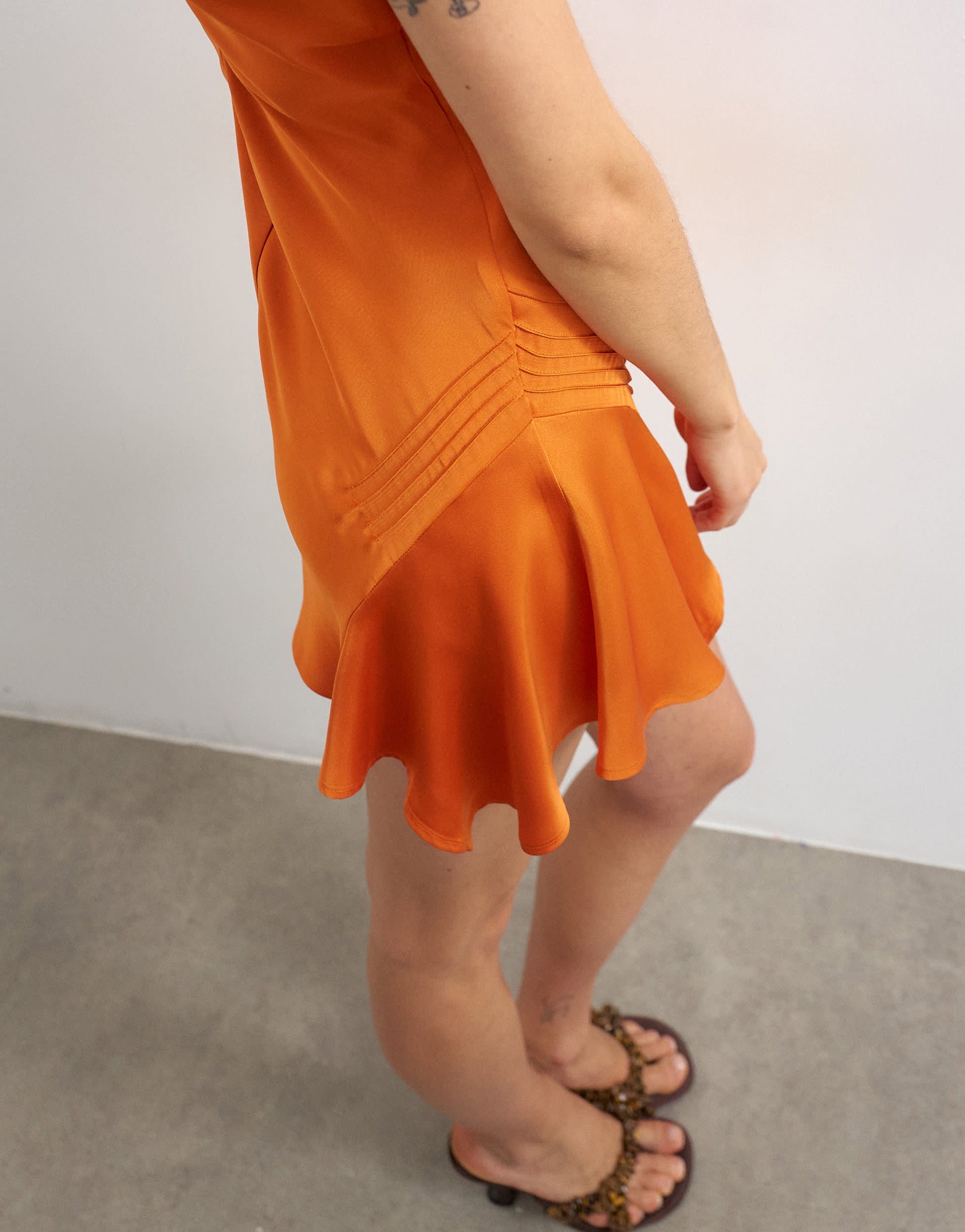 Topshop flippy hem mini dress with pintucks in orange rust