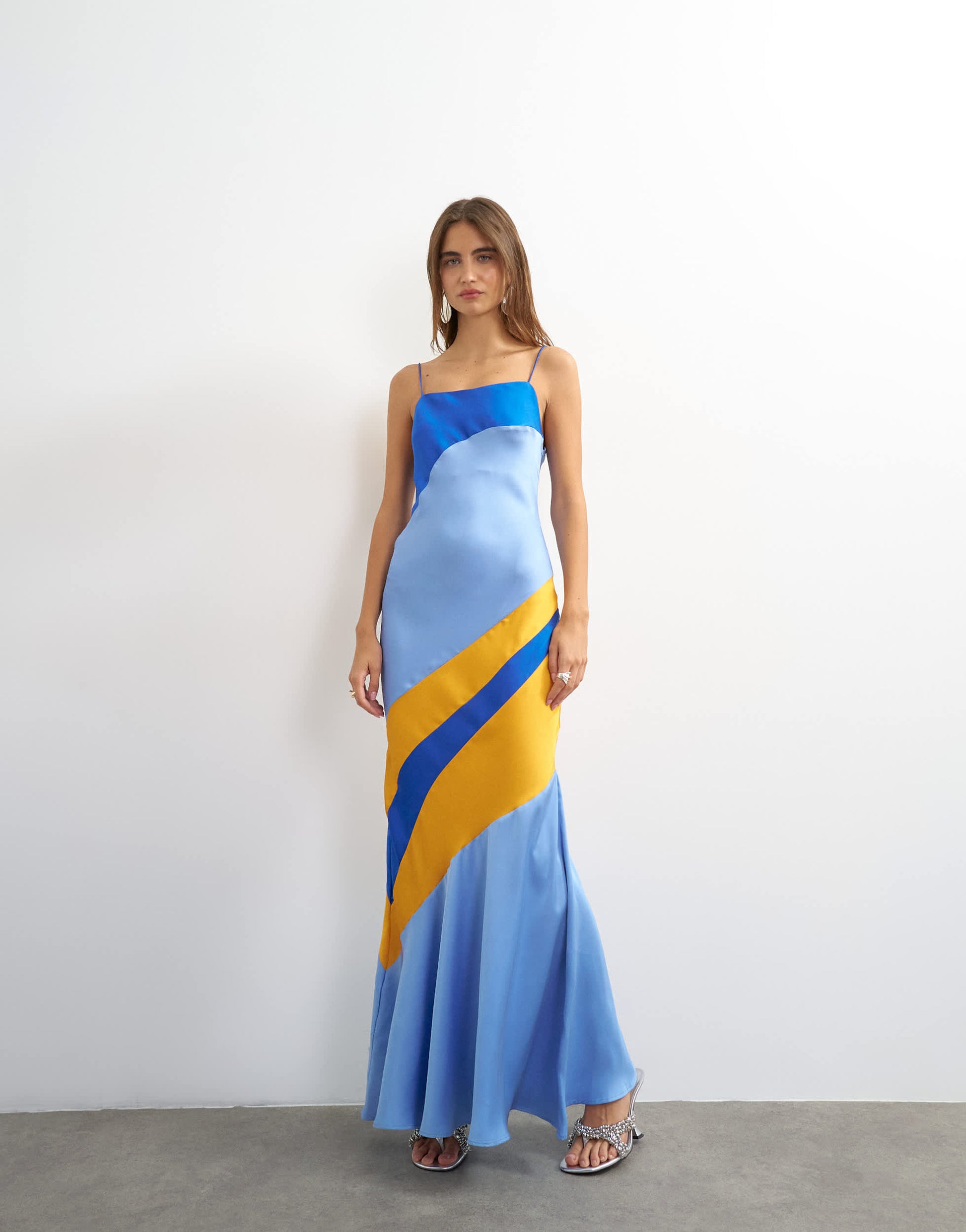 Topshop contrast cut about maxi satin dress in blue and orange