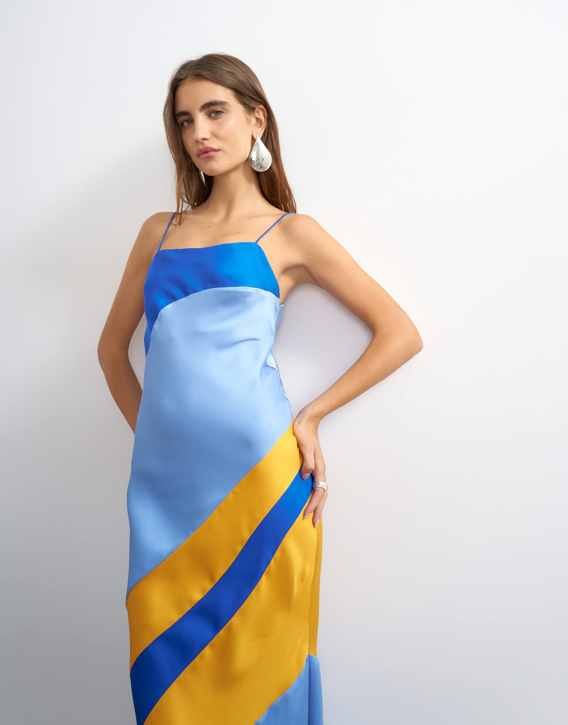 Topshop contrast cut about maxi satin dress in blue and orange