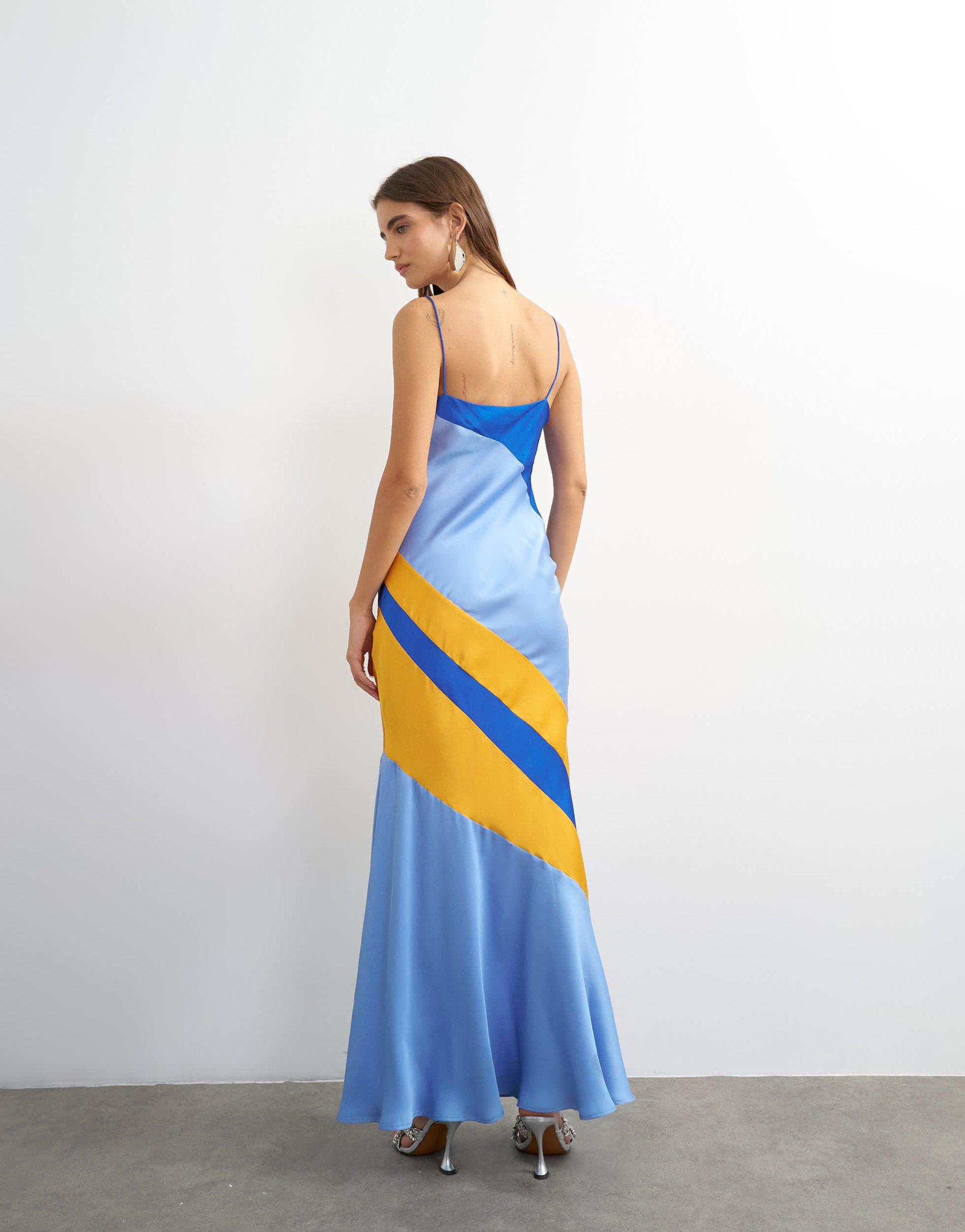 Topshop contrast cut about maxi satin dress in blue and orange