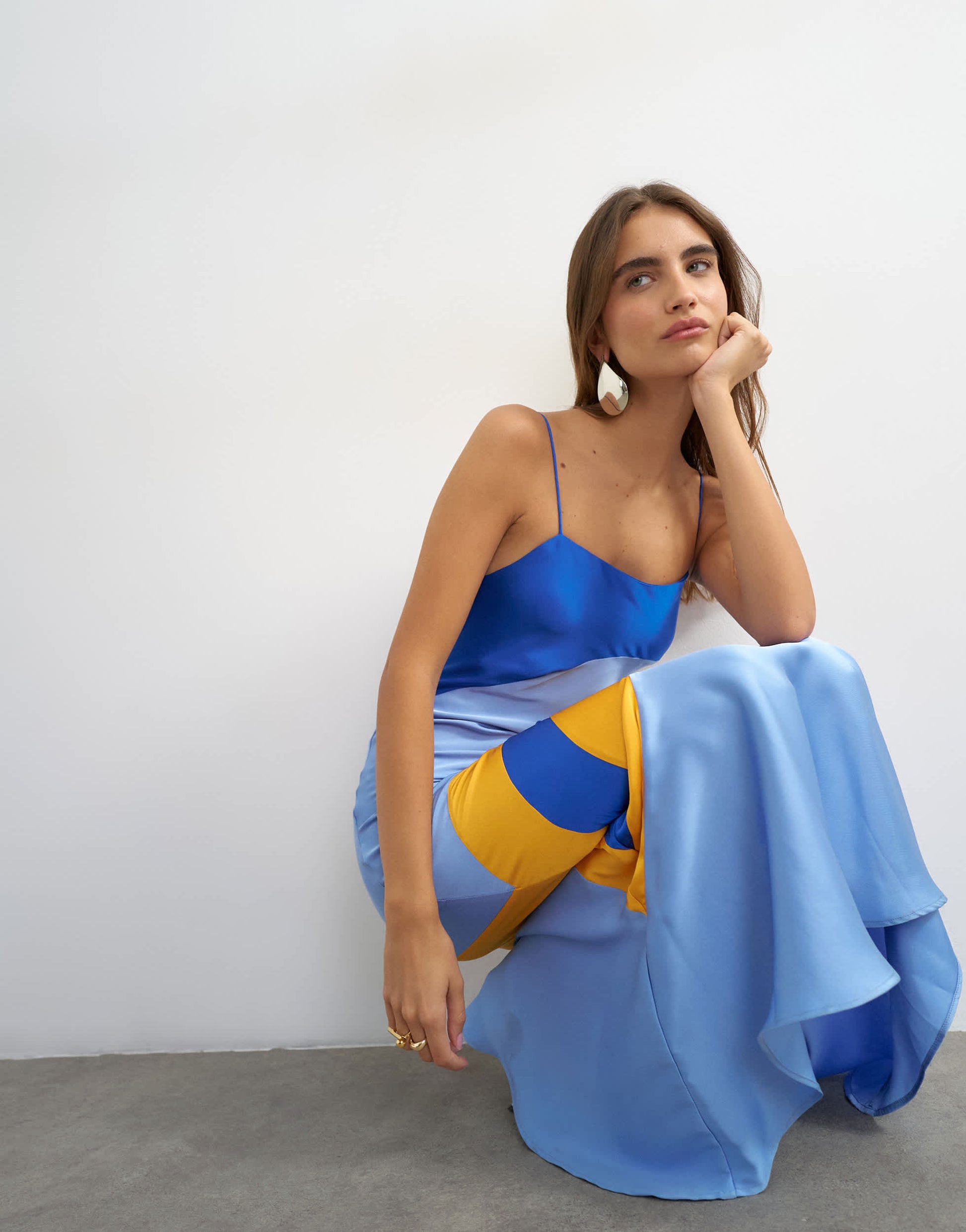 Topshop contrast cut about maxi satin dress in blue and orange