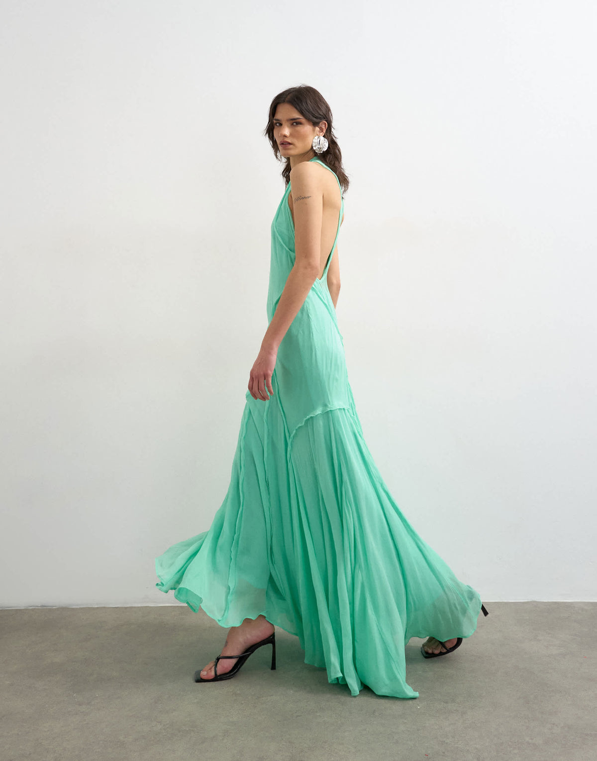 Topshop premium viscose high neck open back maxi dress in apple green