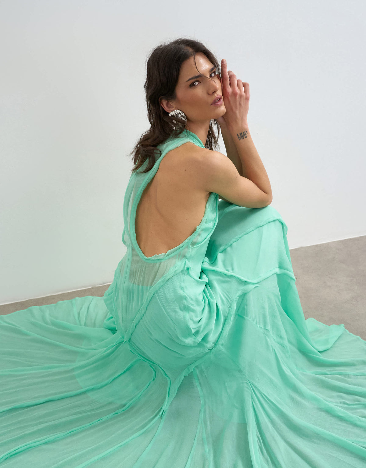 Topshop premium viscose high neck open back maxi dress in apple green