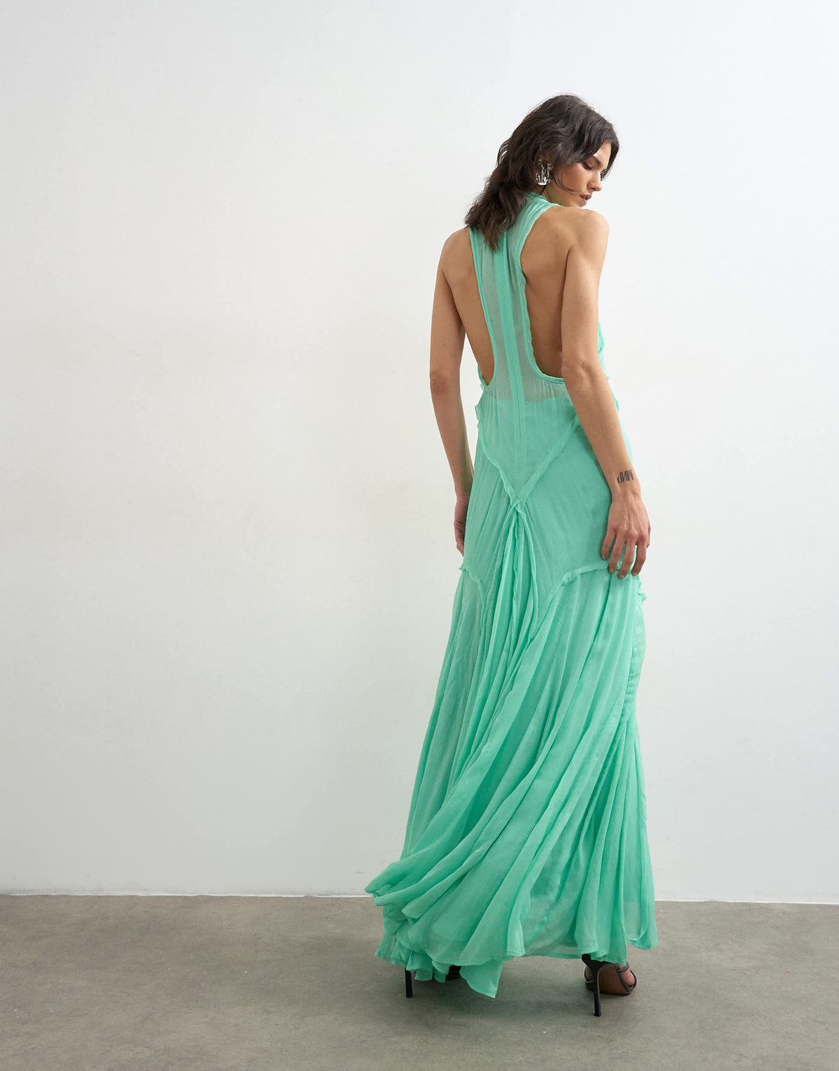 Topshop premium viscose high neck open back maxi dress in apple green