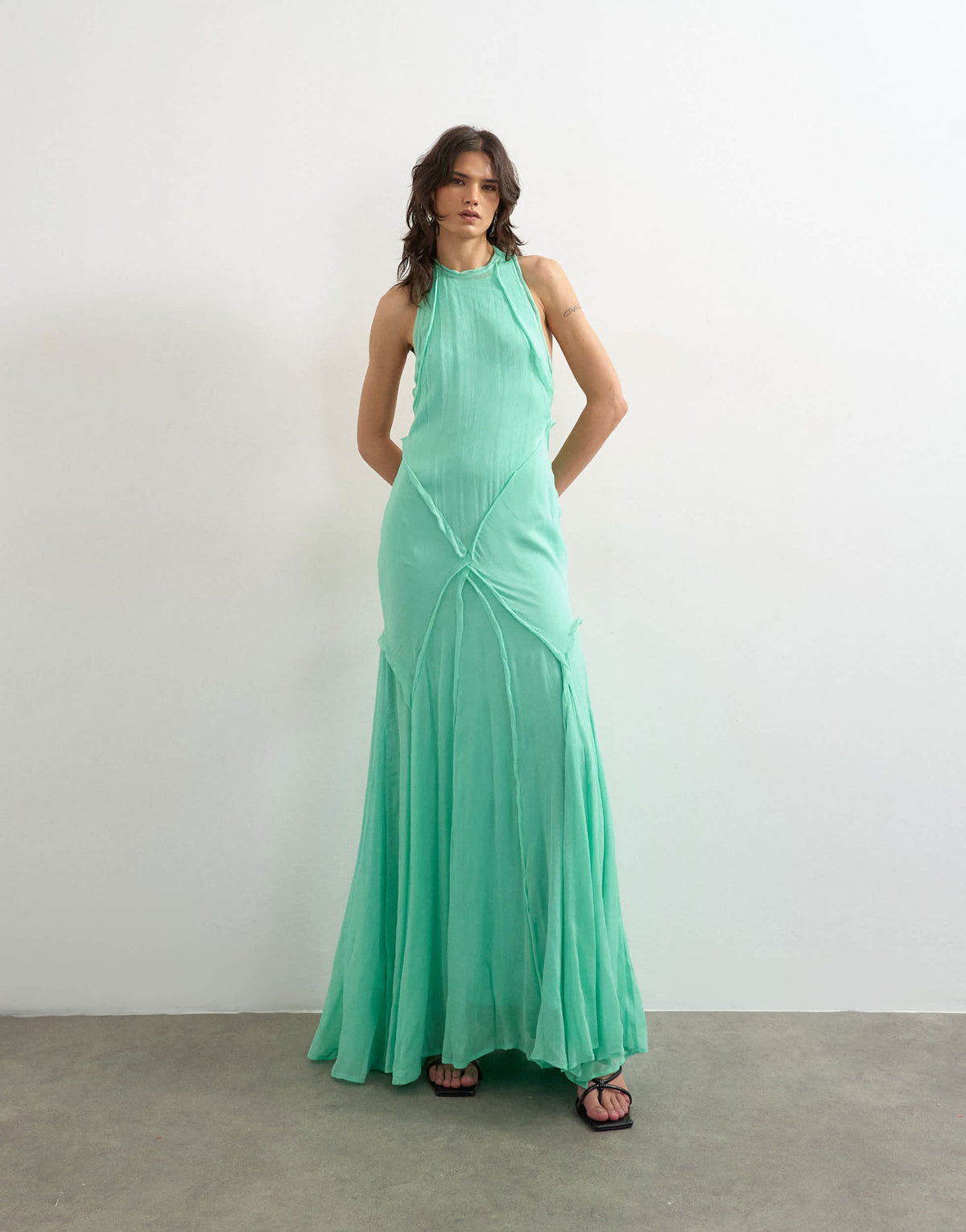 Topshop premium viscose high neck open back maxi dress in apple green