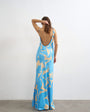 Topshop satin bias halter neck open scoop back maxi dress in blue floral