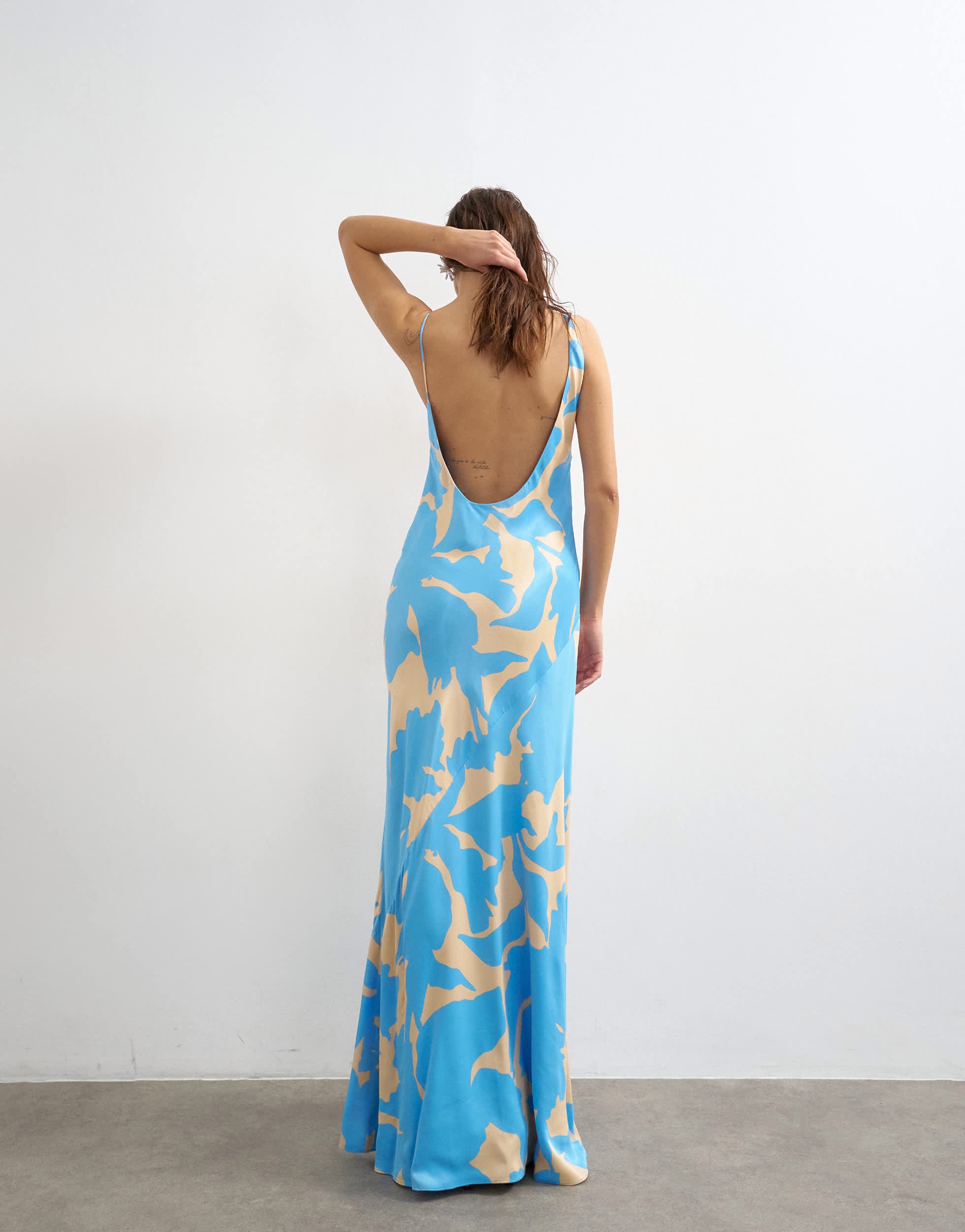 Topshop satin bias halter neck open scoop back maxi dress in blue floral