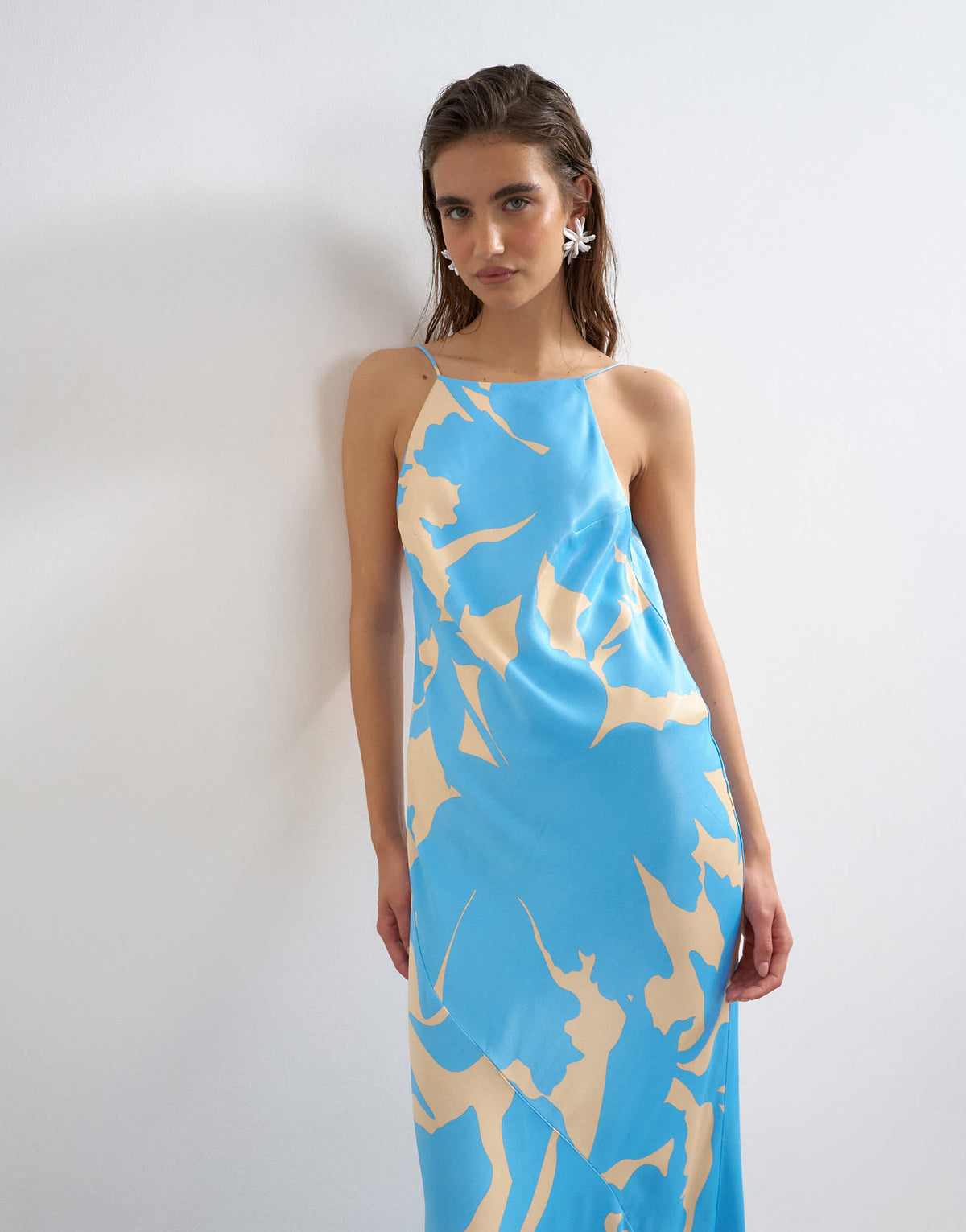 Topshop satin bias halter neck open scoop back maxi dress in blue floral