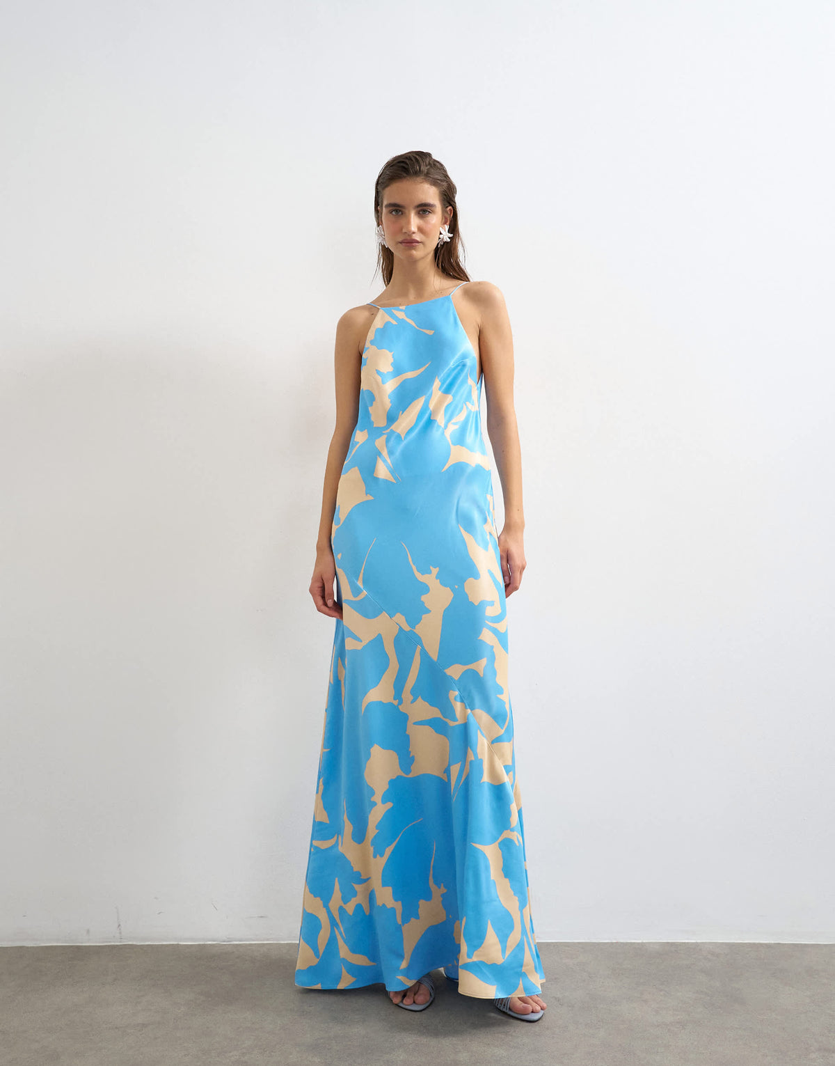 Topshop satin bias halter neck open scoop back maxi dress in blue floral