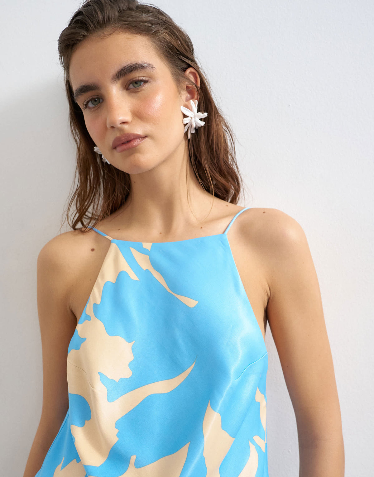Topshop satin bias halter neck open scoop back maxi dress in blue floral